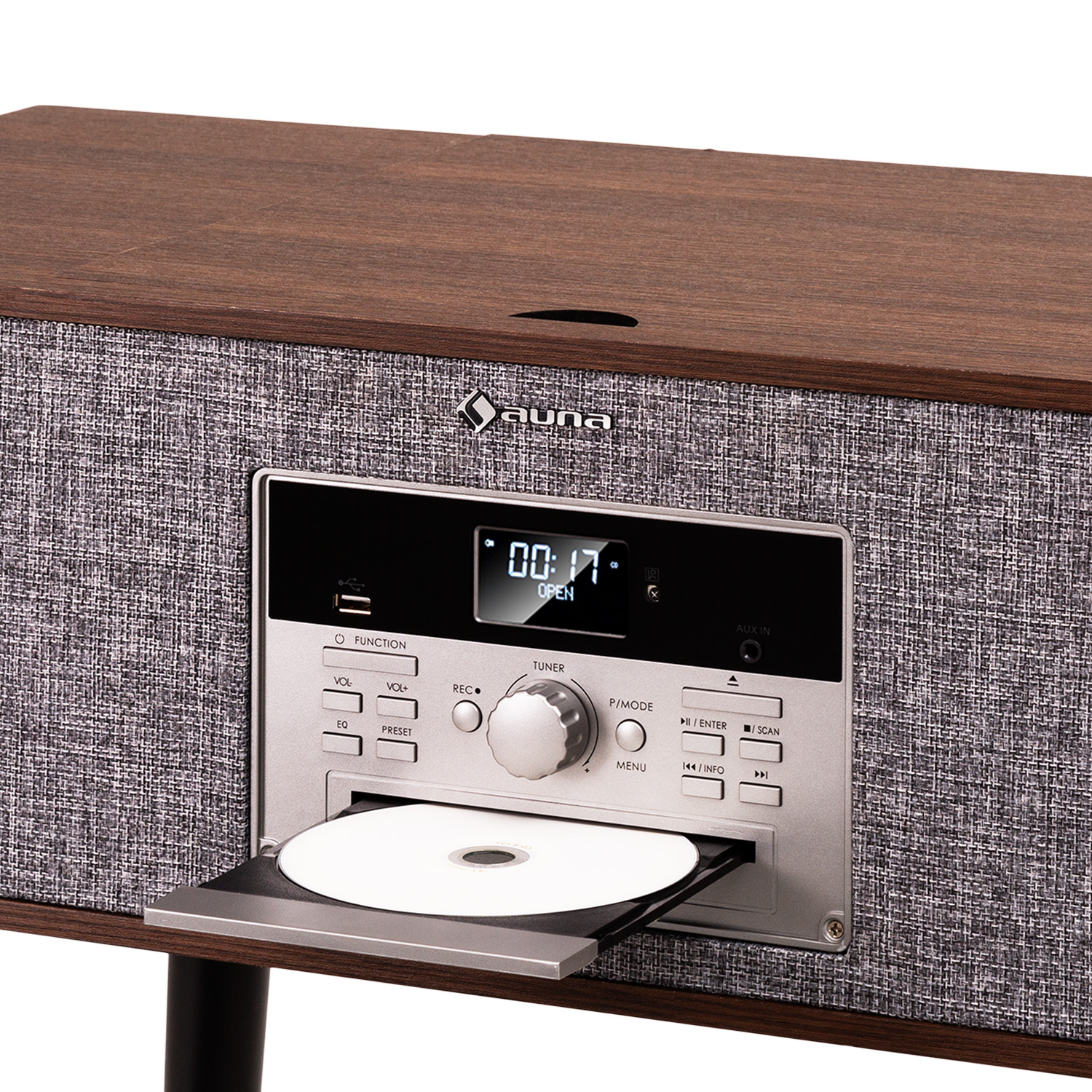 Ein Holz- und graues Stereoanlage mit CD-Player. Eine CD befindet sich im Fach. Das Display zeigt 00:17. Tasten und ein Knopf sind sichtbar.