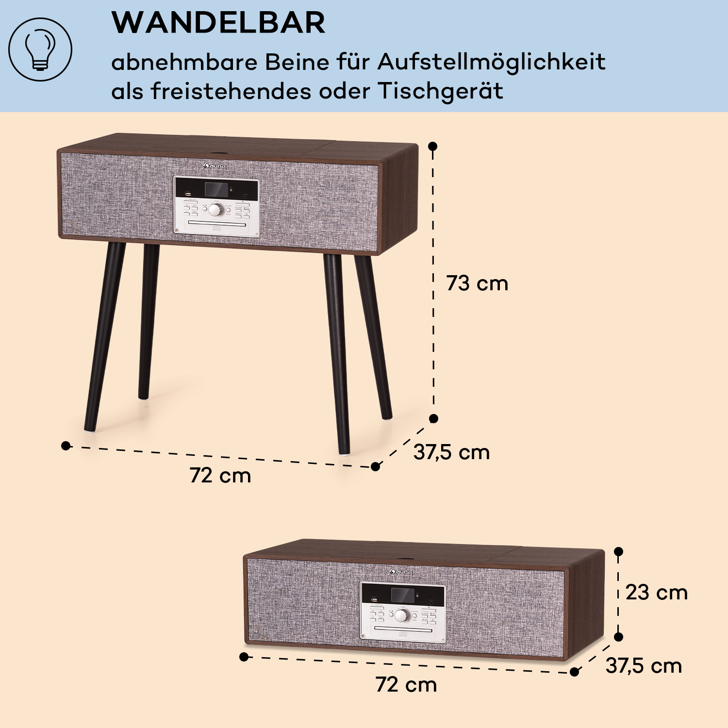 Ein braunes und graues Audiogerät mit abnehmbaren Beinen, beschriftet mit 'WANDELBAR'. Abmessungen sind angegeben, einschließlich Höhe und Breite.