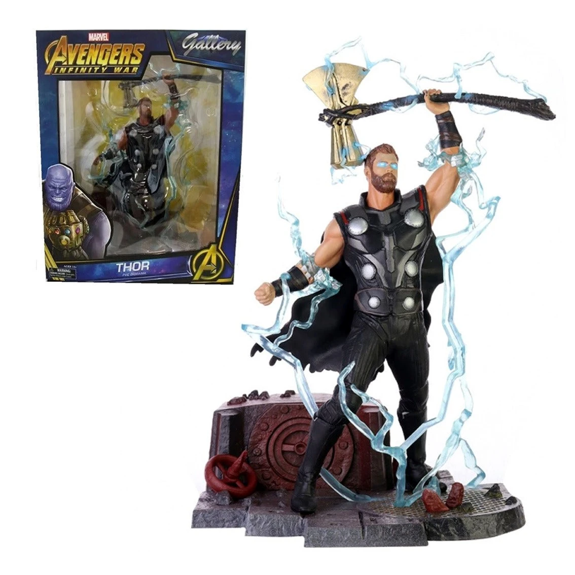 Thor-Actionfigur mit Axt, blaue Blitzeffekte. Im Hintergrund eine Box mit Thor-Figur und Thanos.