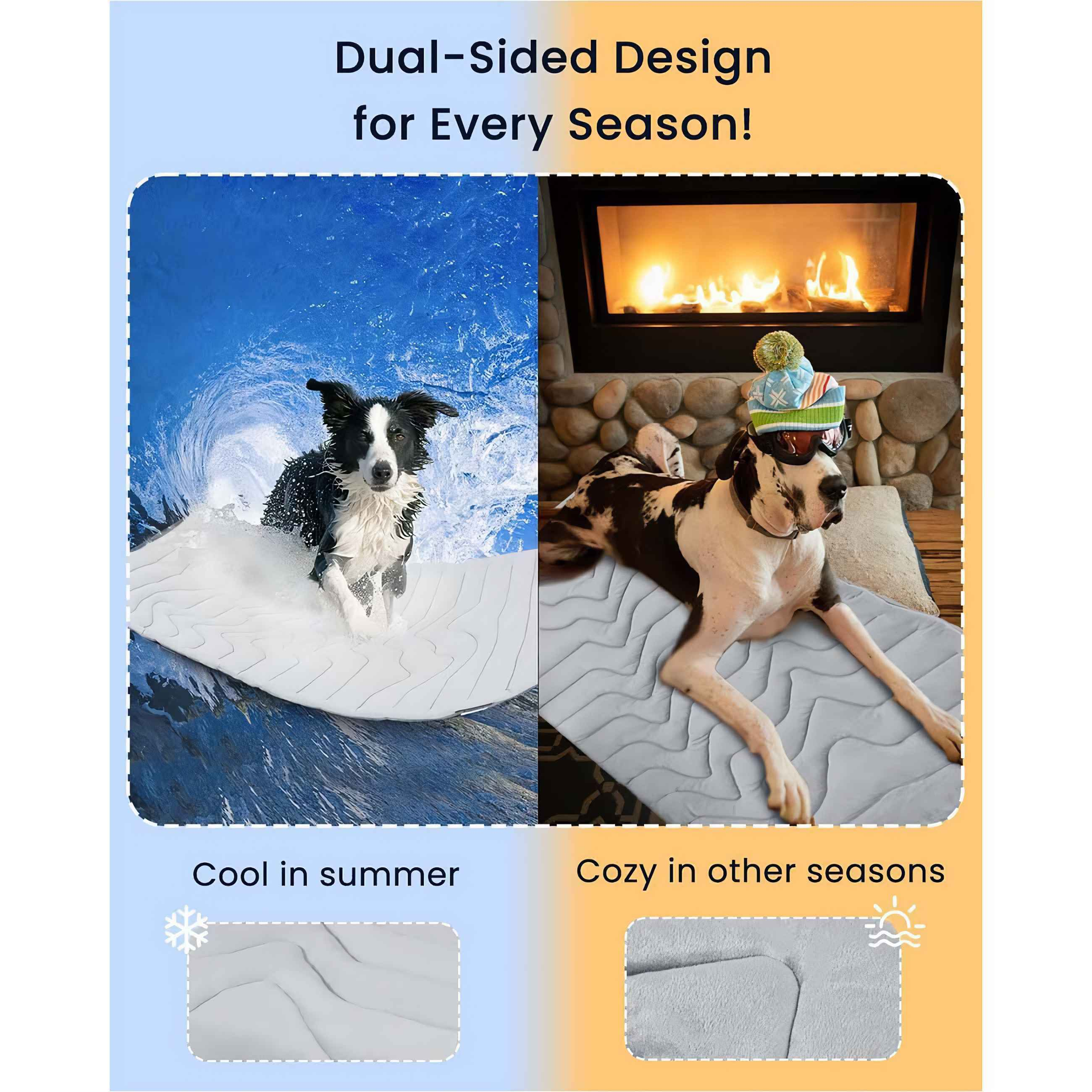 Geteiltes Bild. Links: Hund im Wasser. Rechts: Hund auf Bett am Kamin. Text: Doppelseitiges Design für jede Jahreszeit!