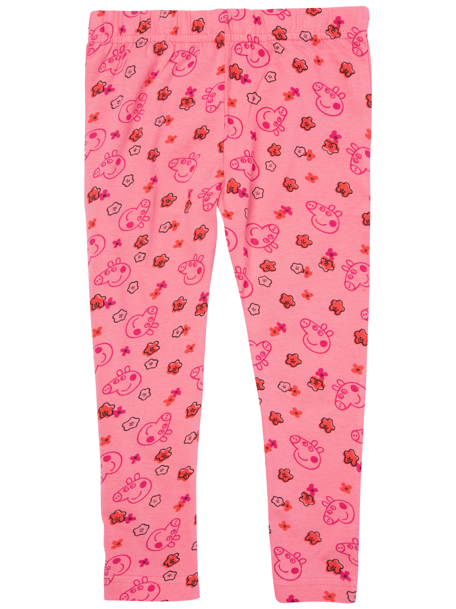 Rosa Leggings mit Peppa Pig und Blumenmustern. Weißer Hintergrund.