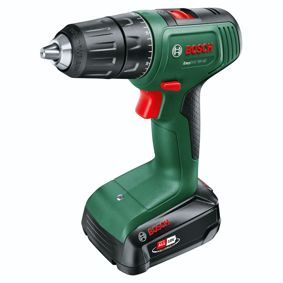 Zielona i czarna wiertarka akumulatorowa Bosch EasyDrill 18V-40. Czerwony spust i czarny akumulator.