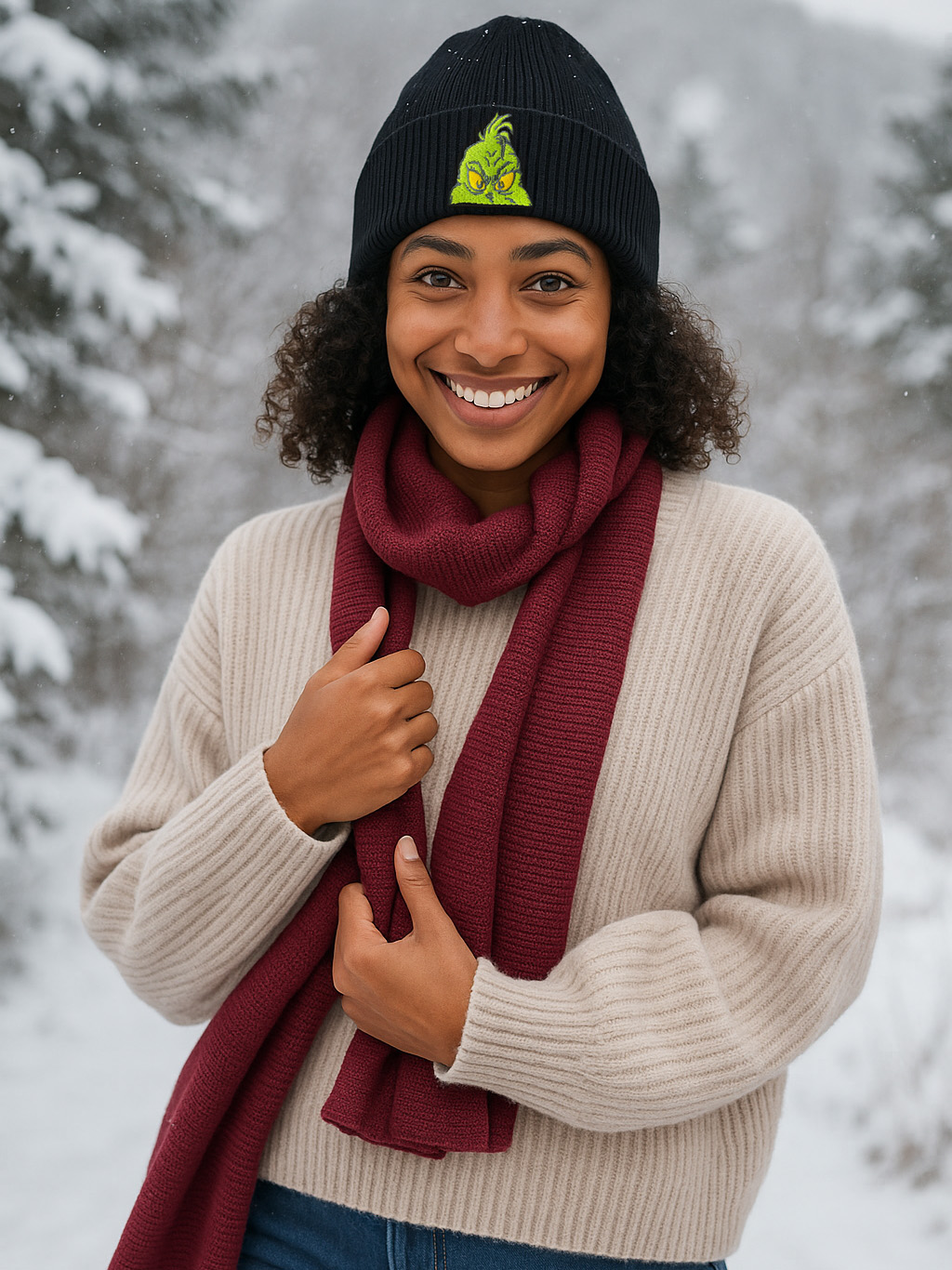 Eine lächelnde Frau trägt eine schwarze Grinch-Mütze, einen roten Schal und einen beigefarbenen Pullover in einem verschneiten Wald.