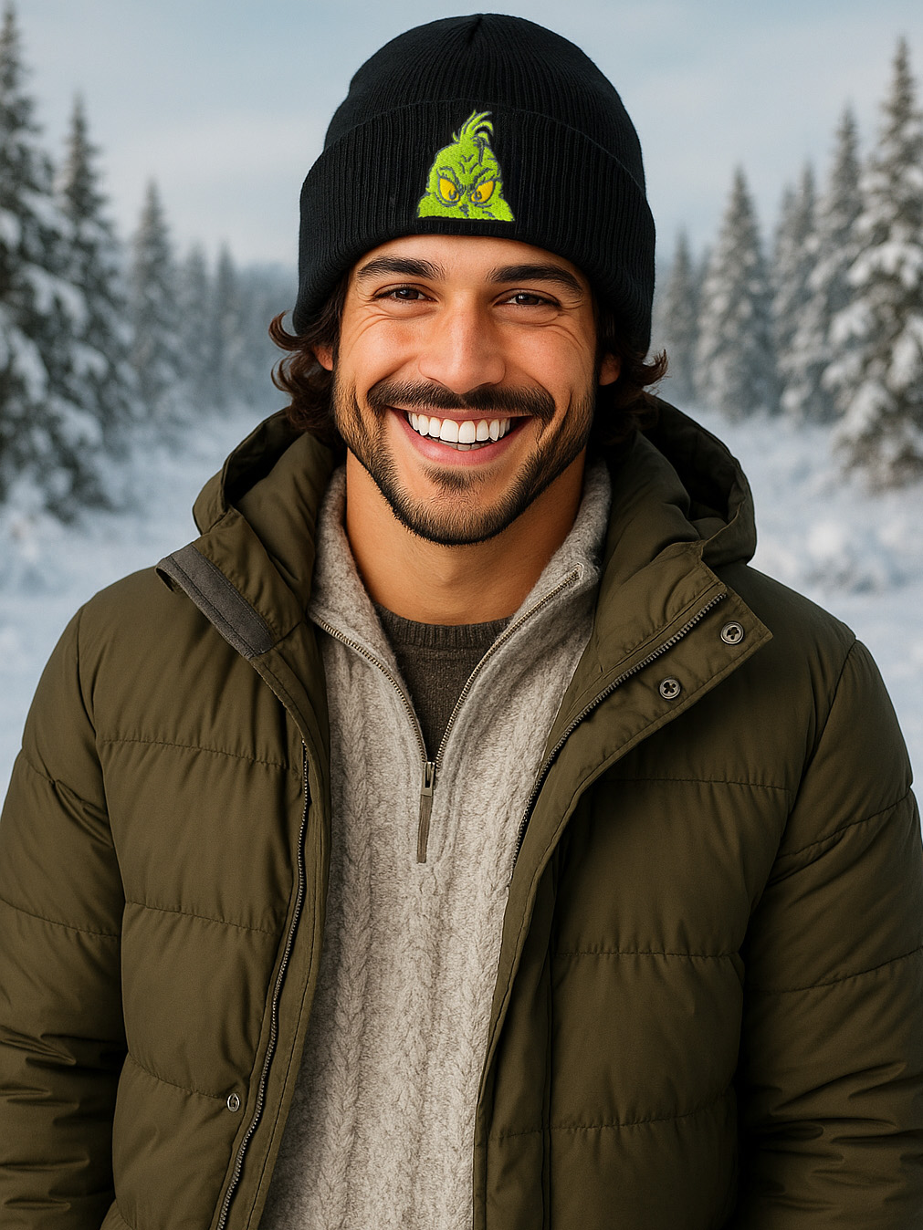 Ein lächelnder Mann mit einer schwarzen Grinch-Mütze, grüner Jacke und Pullover. Der Hintergrund zeigt verschneite Bäume.