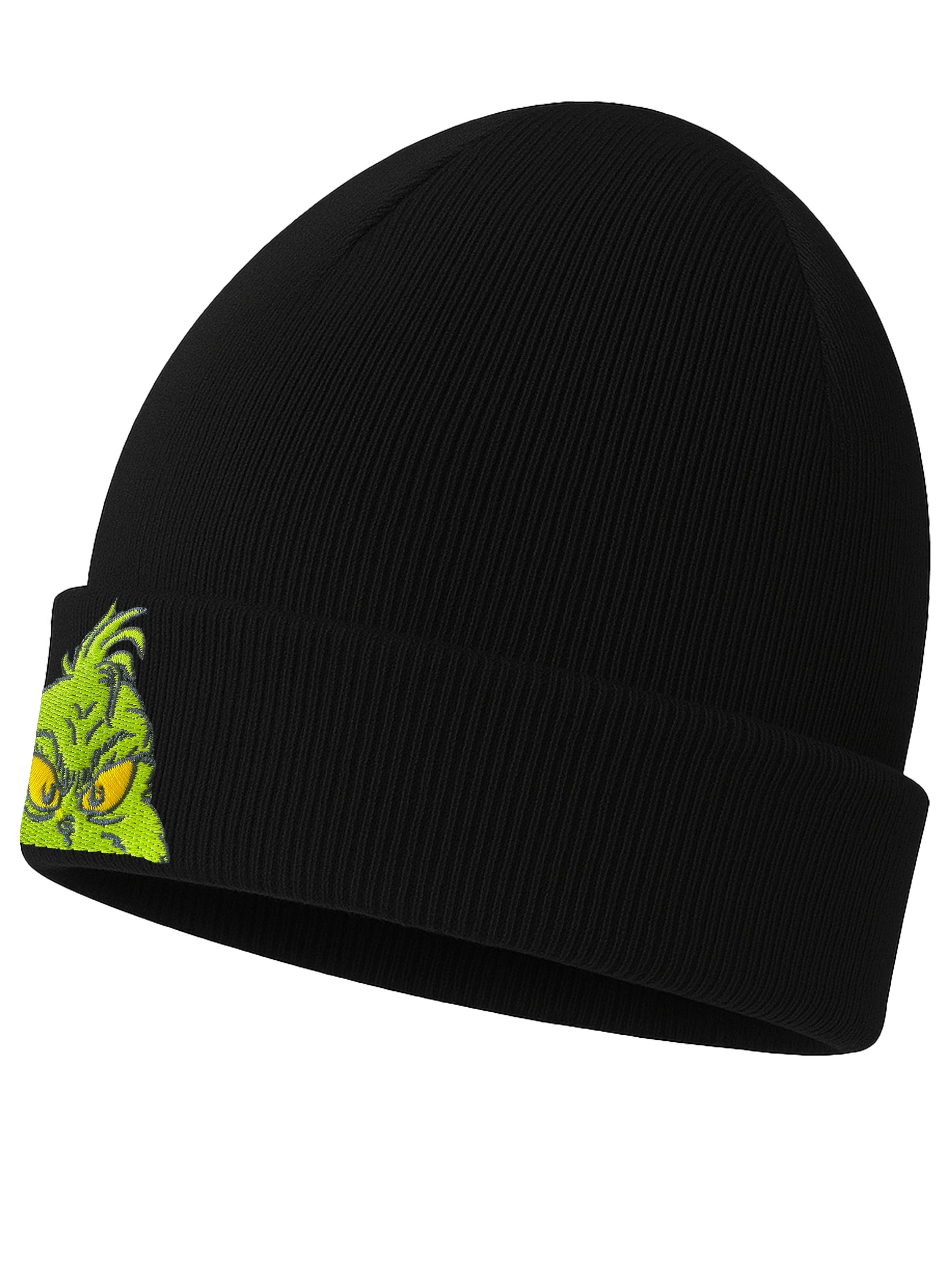 Eine schwarze Mütze. Auf der Vorderseite ist ein grünes Grinch-Gesicht gestickt.
