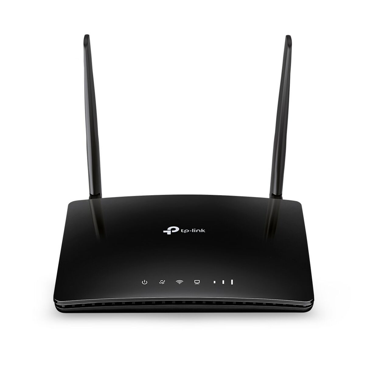 Enrutador TP-Link negro con dos antenas. Tiene luces de estado en la parte delantera. Fondo blanco.