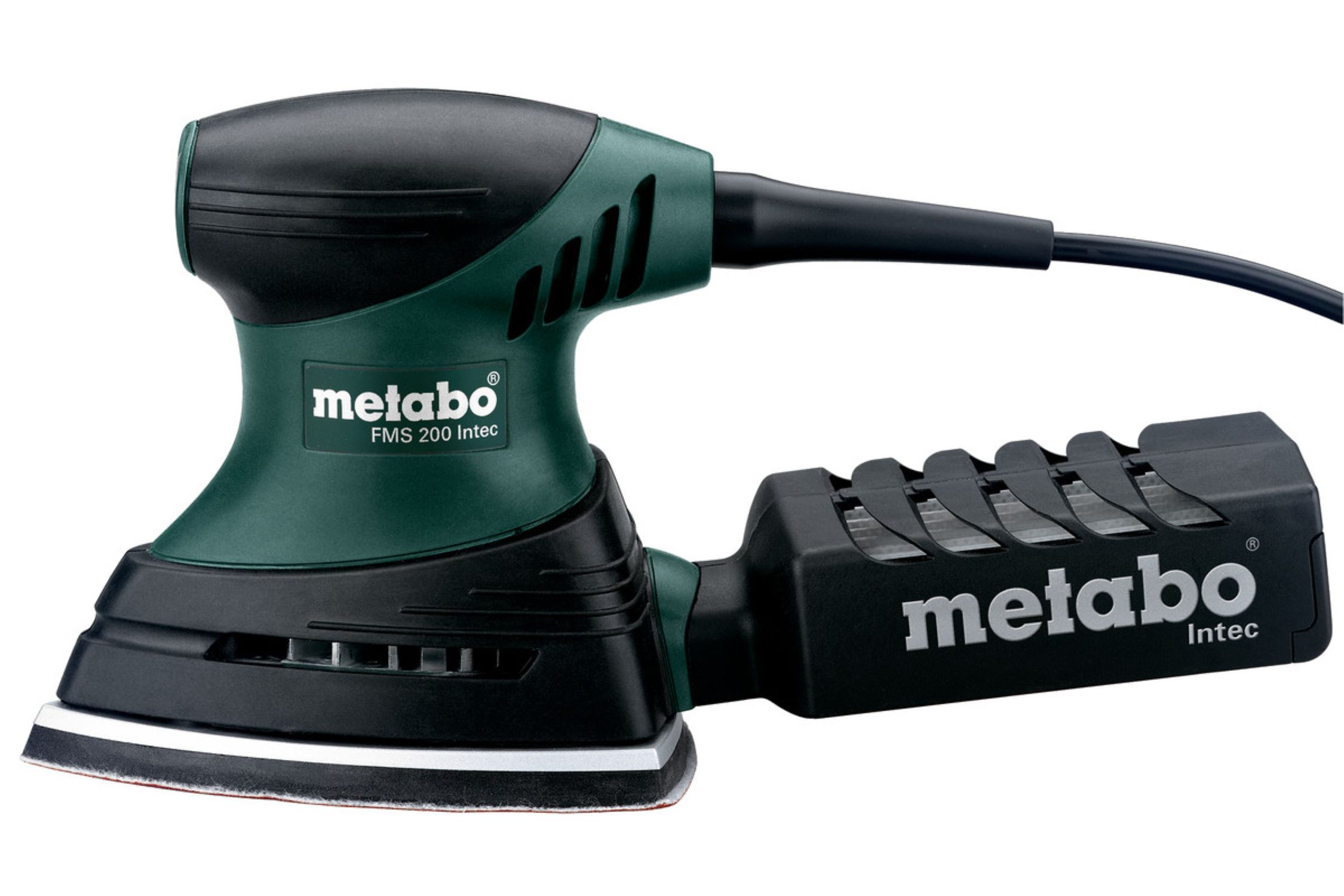 Une ponceuse Metabo FMS 200 Intec. Elle a un corps noir et vert, une poignée noire et un cordon d'alimentation noir. La marque est visible.