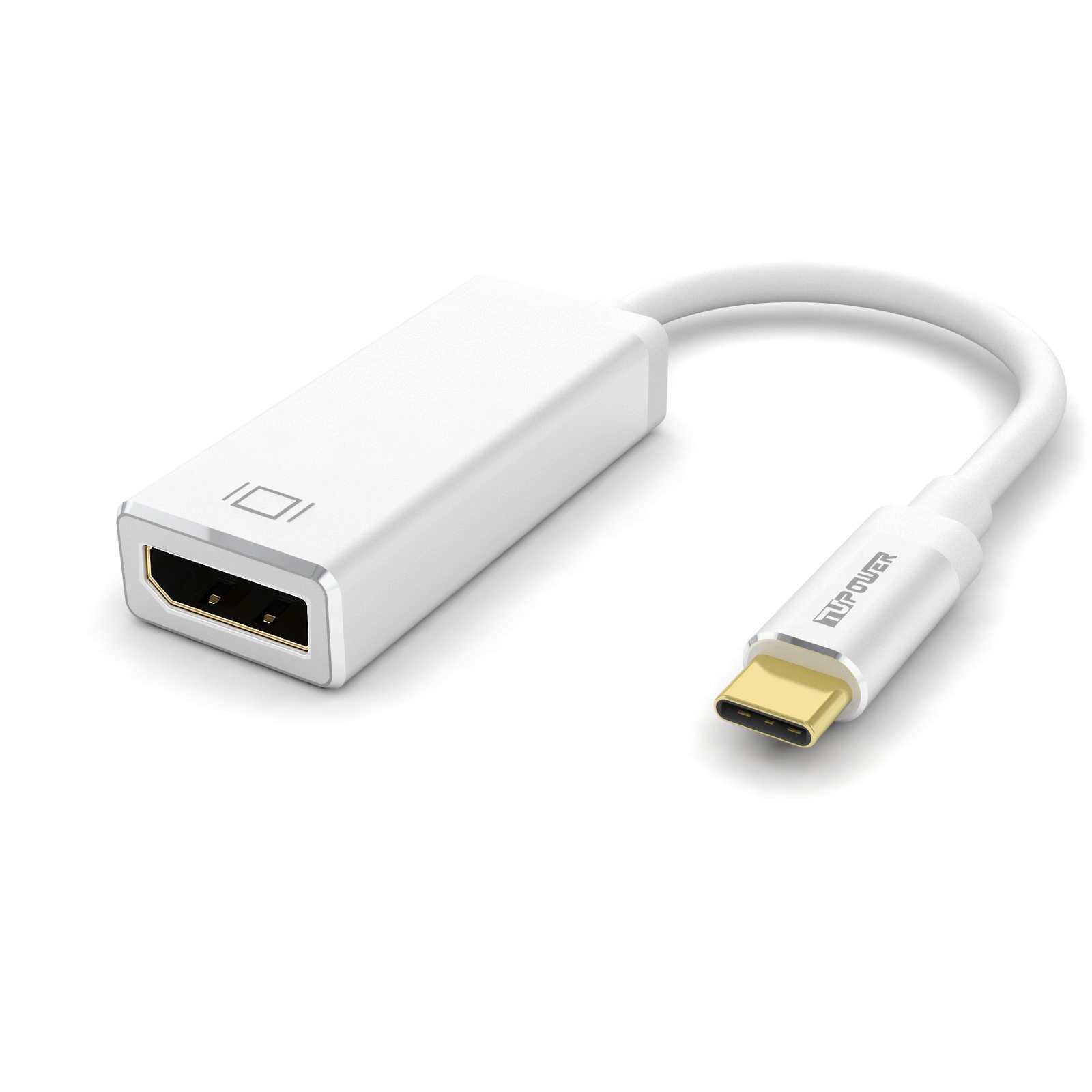 Weißer HDMI-zu-USB-C-Adapter. Ein Ende ist HDMI, das andere USB-C. Das USB-C-Ende ist goldfarben.