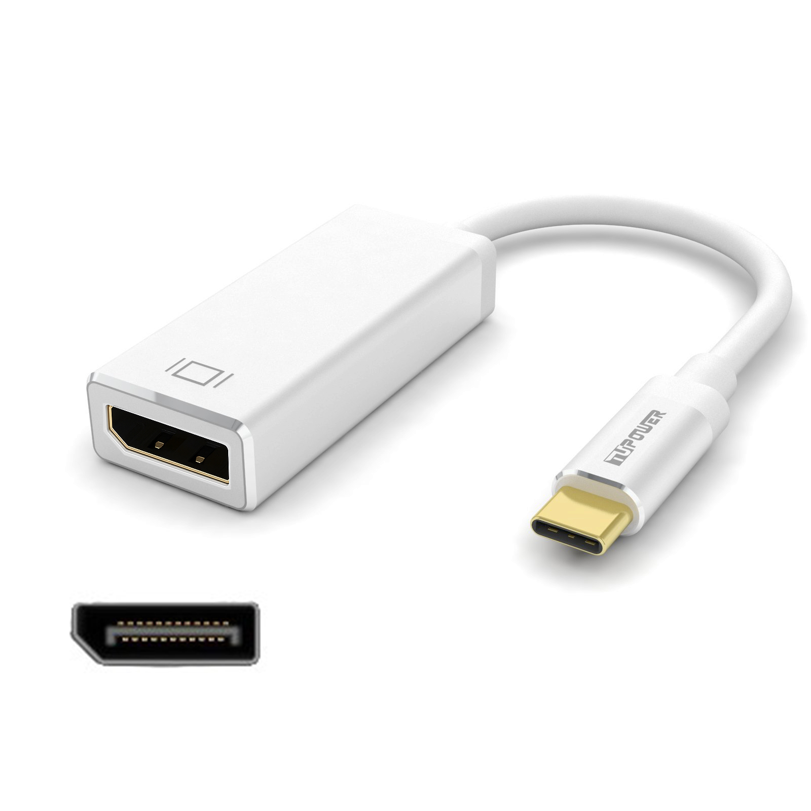 Ein weißer Adapter mit einem HDMI-Anschluss und einem USB-C-Anschluss. Der HDMI-Anschluss befindet sich links, USB-C rechts.