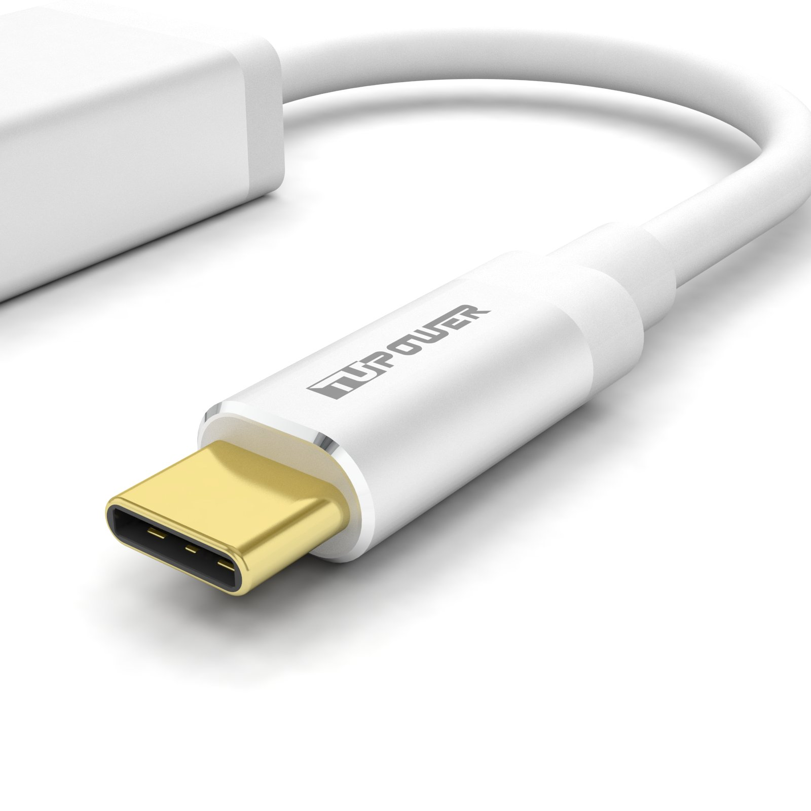 Ein weißes USB-C-Kabel mit einem goldfarbenen Stecker. Auf dem Kabel ist das Logo 'UPower' aufgedruckt. Weißer Hintergrund.