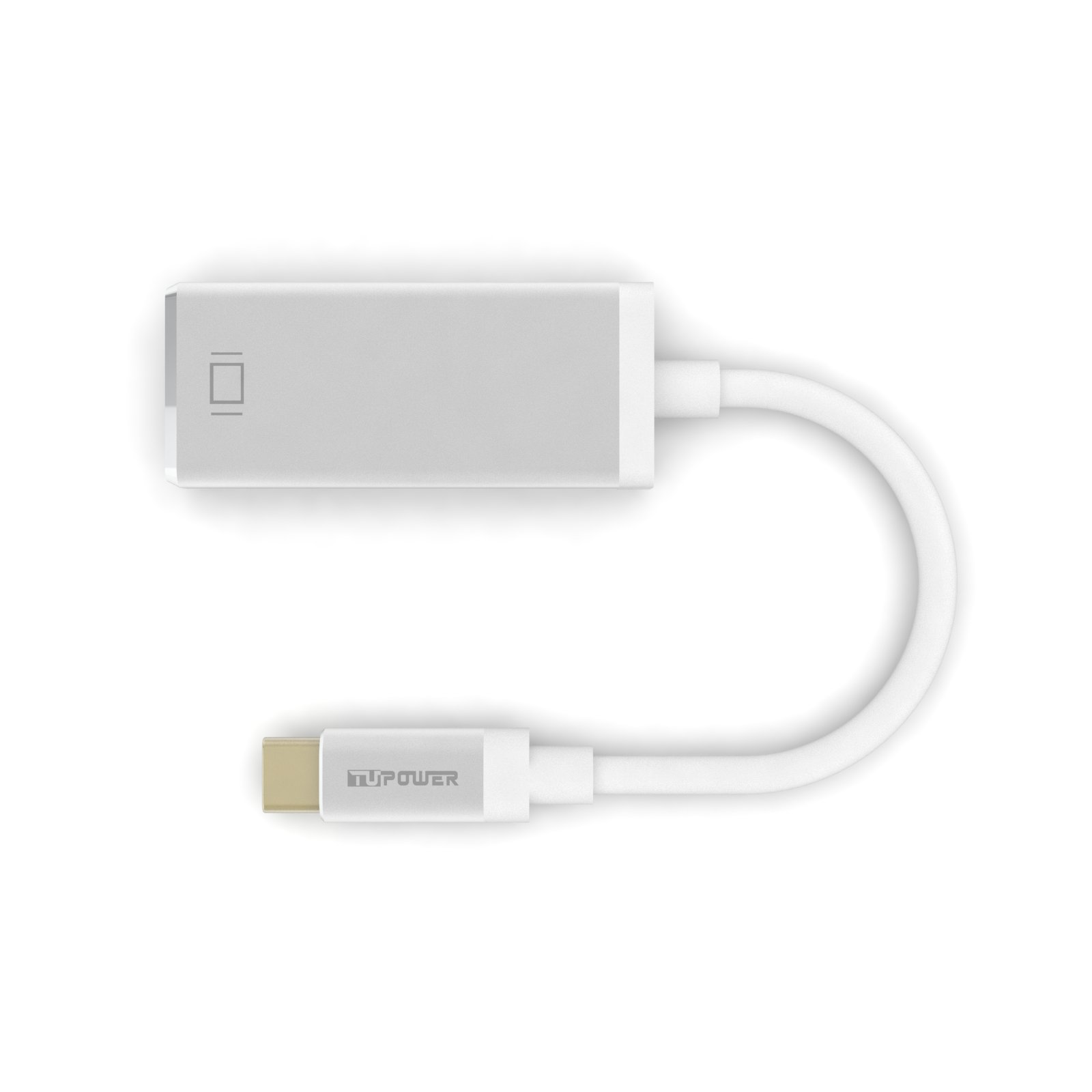 Ein weißes und silbernes USB-C-Adapterkabel auf weißem Hintergrund. Das Kabel hat einen USB-C-Anschluss und einen silbernen Adapter.