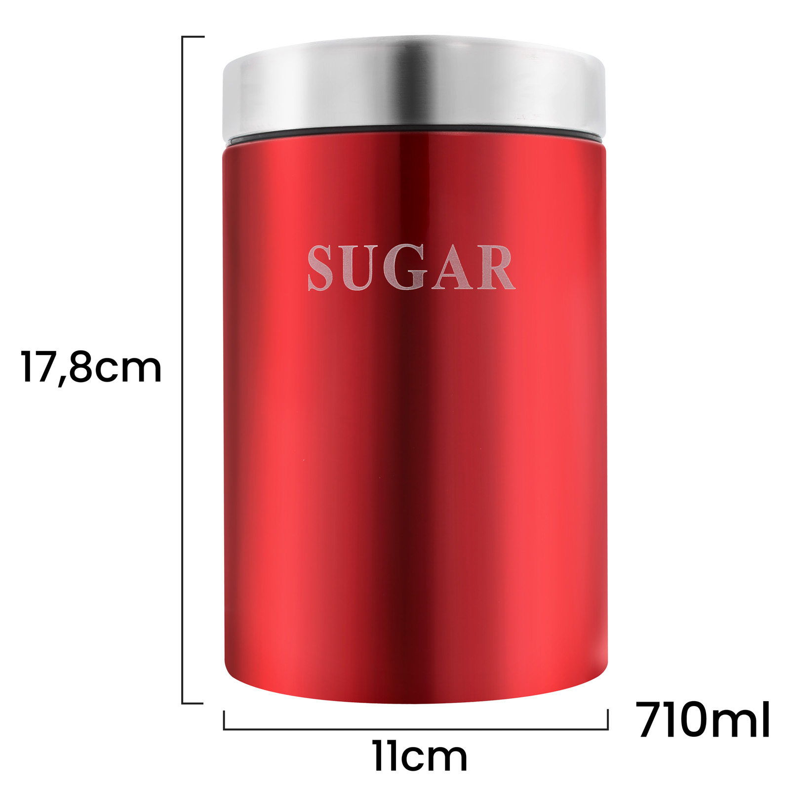 Roter Zuckerdose mit silbernem Deckel. Text 'SUGAR'. Maße: 17,8 cm hoch, 11 cm breit. Fassungsvermögen: 710 ml.