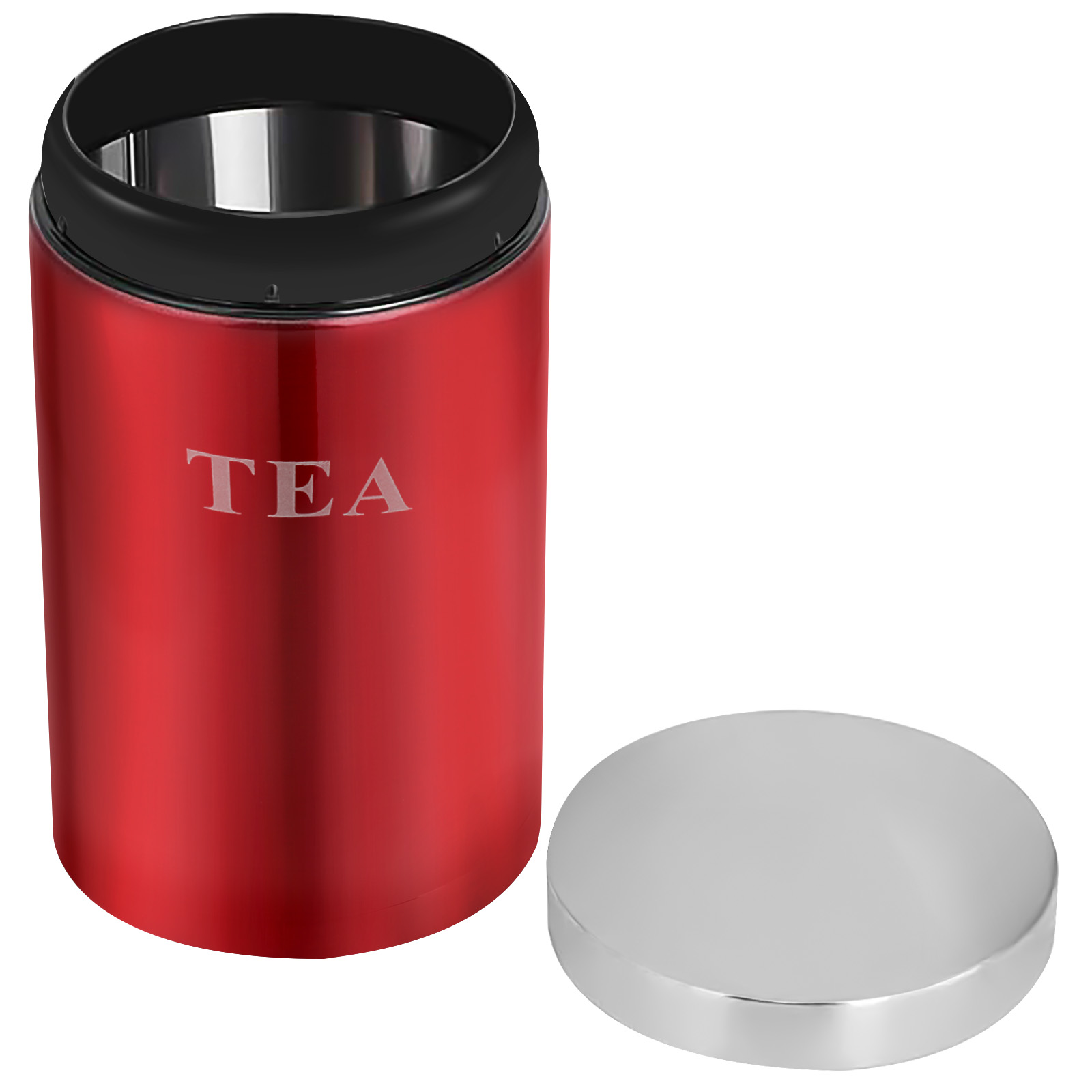 Eine rote Teedose mit schwarzem Rand und einem separaten silbernen Deckel. Das Wort 'TEE' ist auf der Dose aufgedruckt.