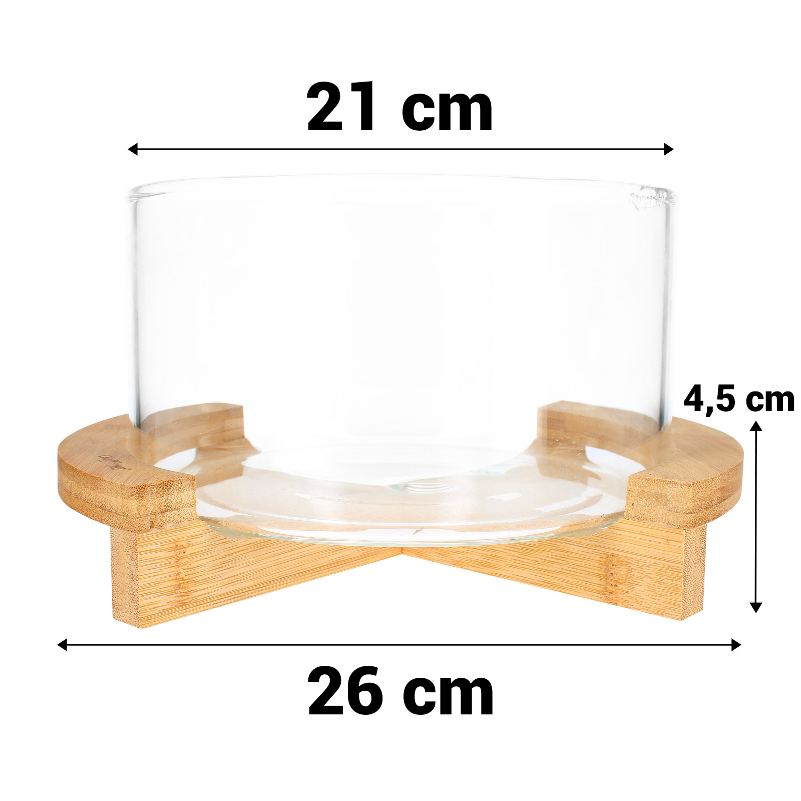 Eine klare Glasschale steht auf einem Holzständer. Die Abmessungen sind 21 cm breit, 26 cm lang und 4,5 cm hoch. Der Hintergrund ist weiß.