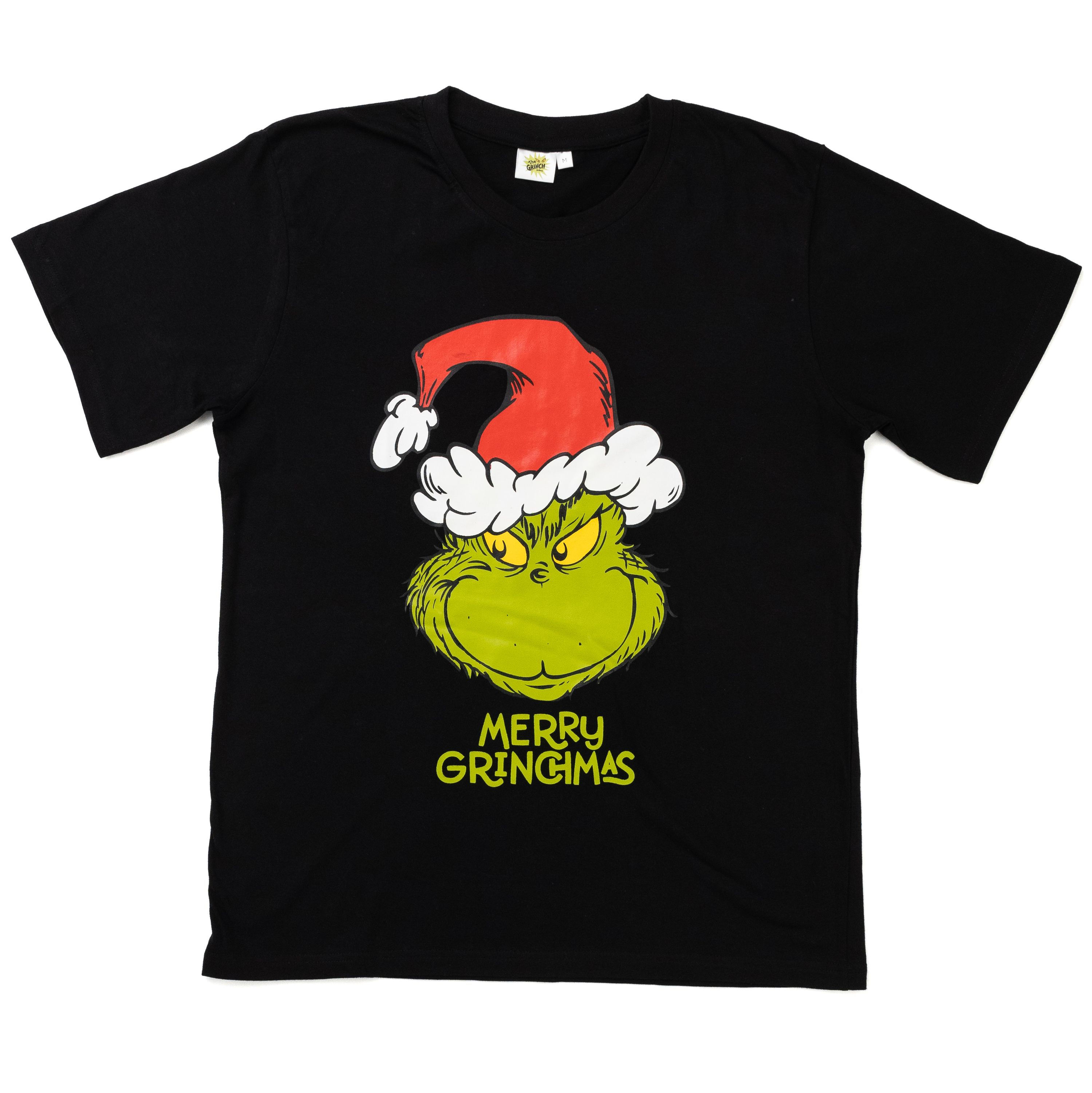 Schwarzes T-Shirt mit dem Grinch im Weihnachtsmannhut und dem Text 'Merry Grinchmas'.