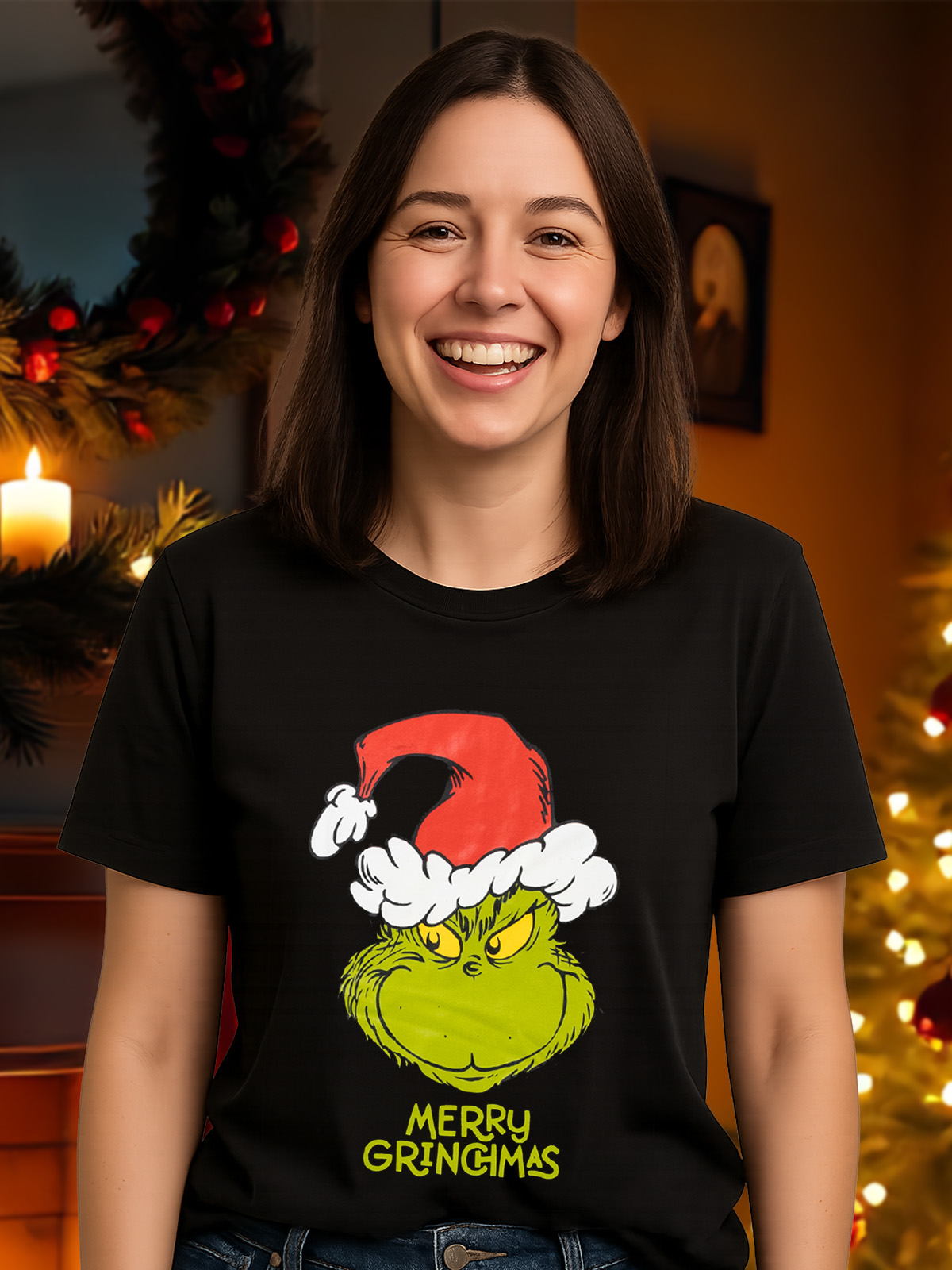 Eine lächelnde Frau trägt ein schwarzes T-Shirt mit einem Grinch-Motiv. Weihnachtsbaum und Kranz im Hintergrund sichtbar.