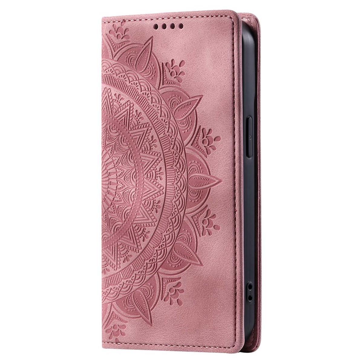 Eine rosafarbene Handyhülle mit Mandala-Design. Sie hat einen Magnetverschluss und einen Steckplatz für ein Telefon. Das Design ist geprägt.