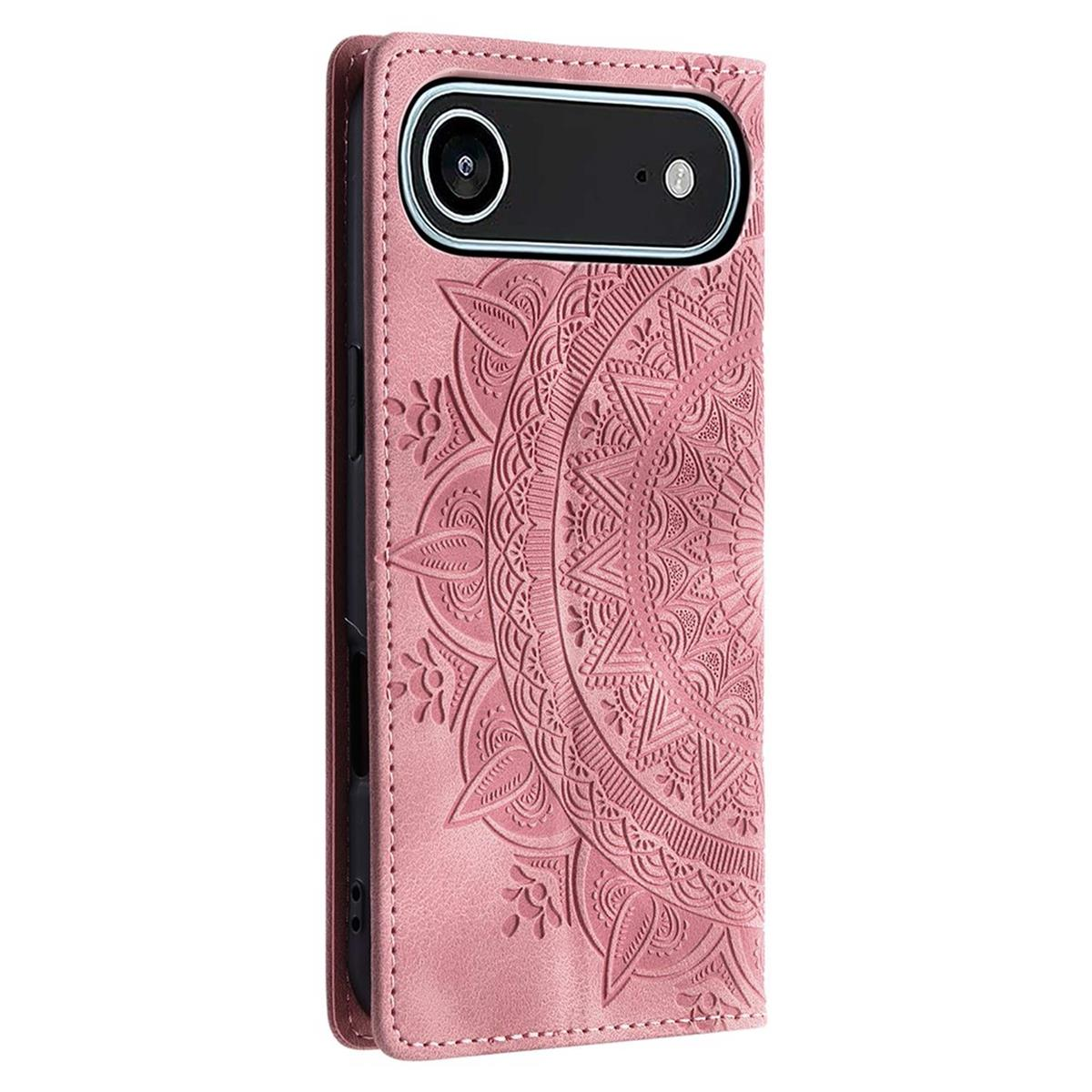 Eine rosa Handyhülle mit Mandala-Design. Kamera und Blitz sind sichtbar. Die Hülle ist lederartig.