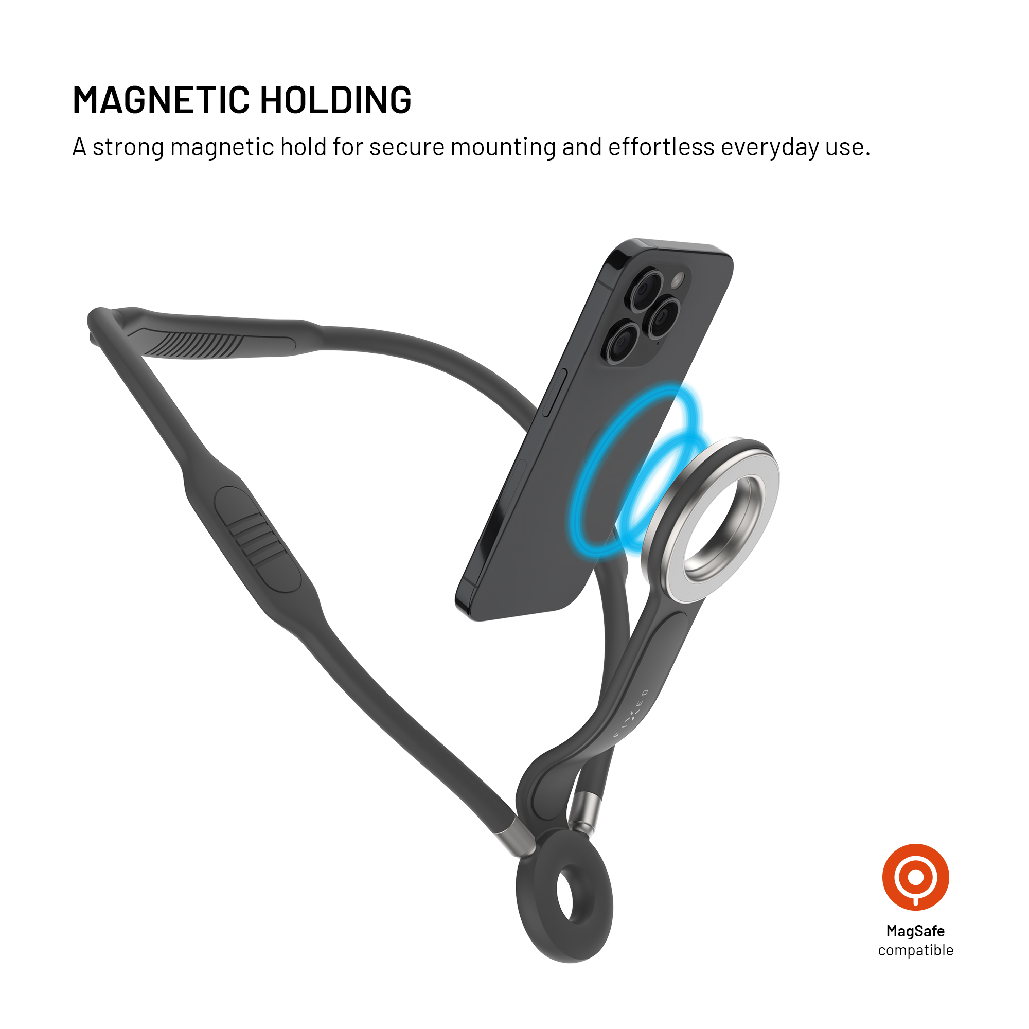 Ein schwarzes Telefon, das von einem schwarzen Nackenhalter mit silbernem Ring gehalten wird. Leuchtende blaue Kreise zeigen die magnetische Verbindung.