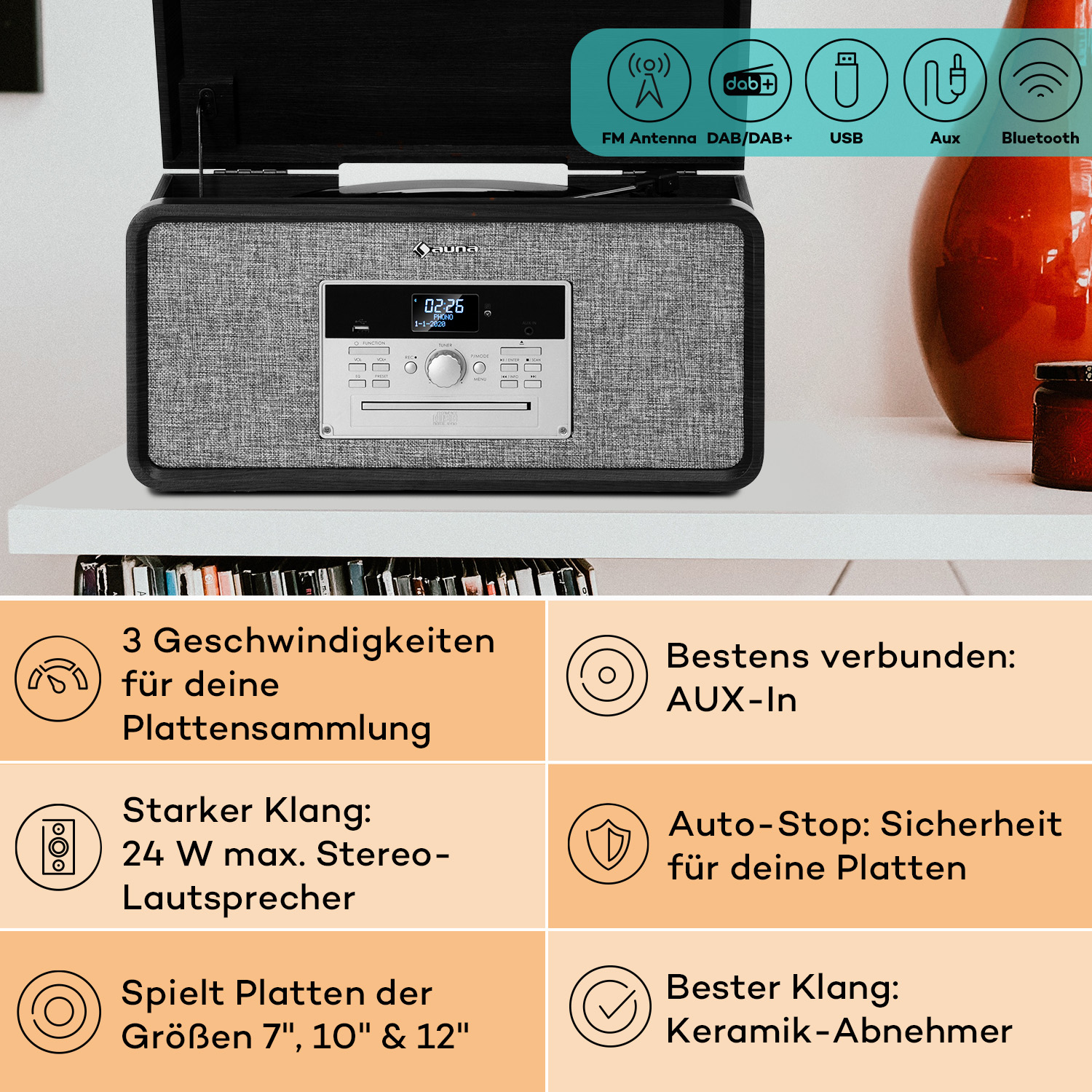 Una radio giradischi con display digitale, varie opzioni di connessione e funzionalità come AUX-in, Bluetooth e arresto automatico.