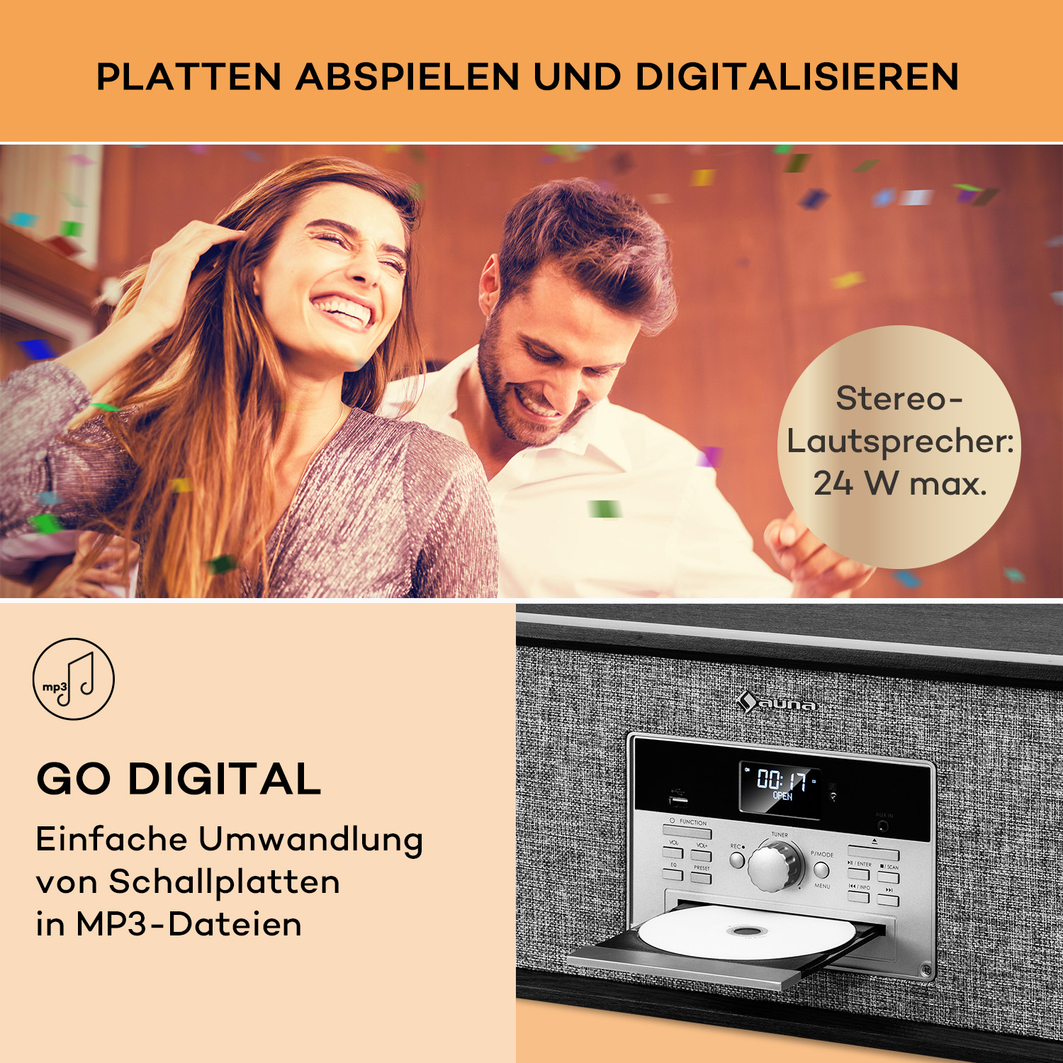 Coppia sorridente, coriandoli e lettore musicale digitale con vassoio CD aperto. Testo: 'GO DIGITAL' e 'Stereo-Lautsprecher: 24 W max.'