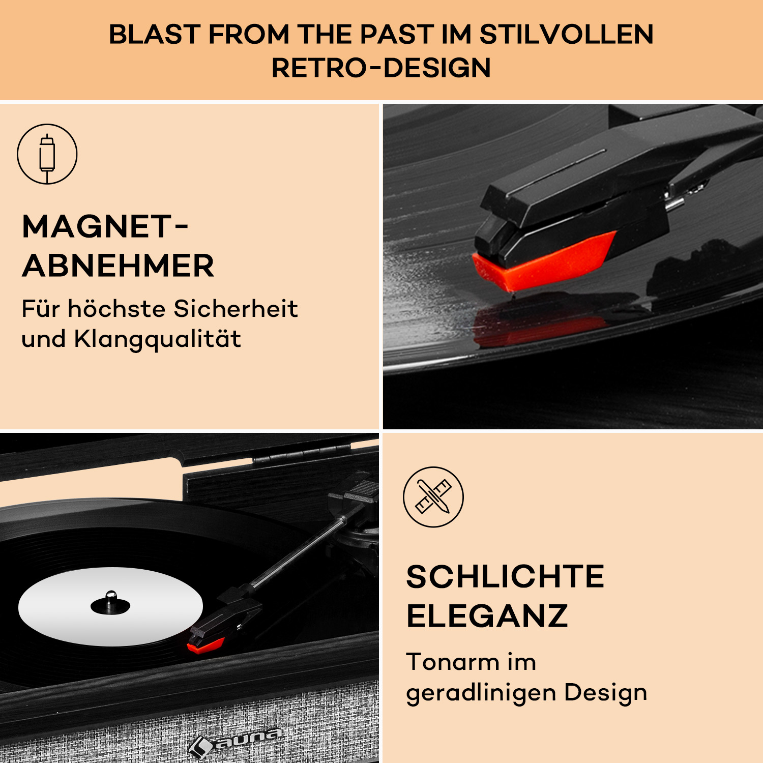 Un giradischi retrò con braccio nero e puntina rossa, riproduce un disco in vinile nero. Il design è semplice ed elegante.