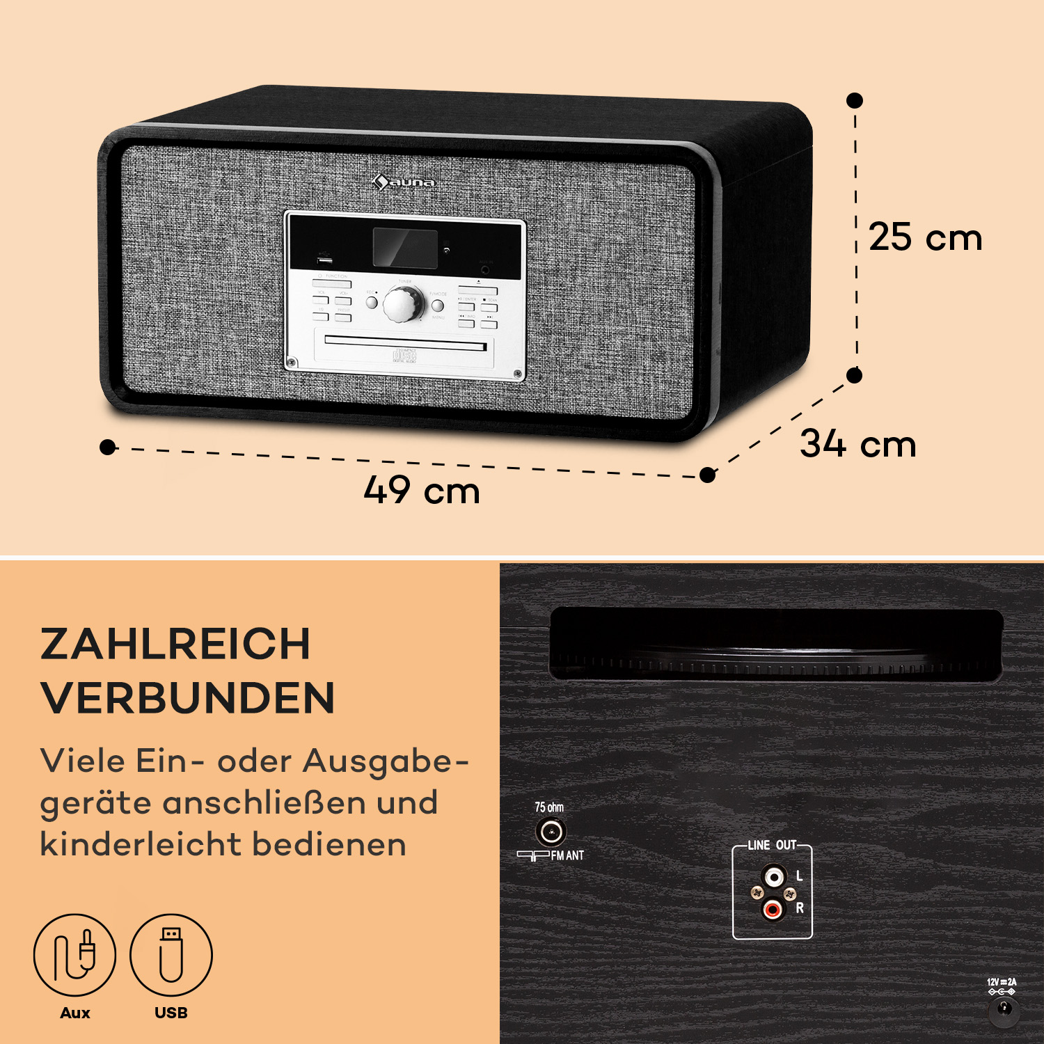 Un sistema audio nero e grigio con lettore CD e varie porte di connessione. Le dimensioni sono indicate nell'immagine.