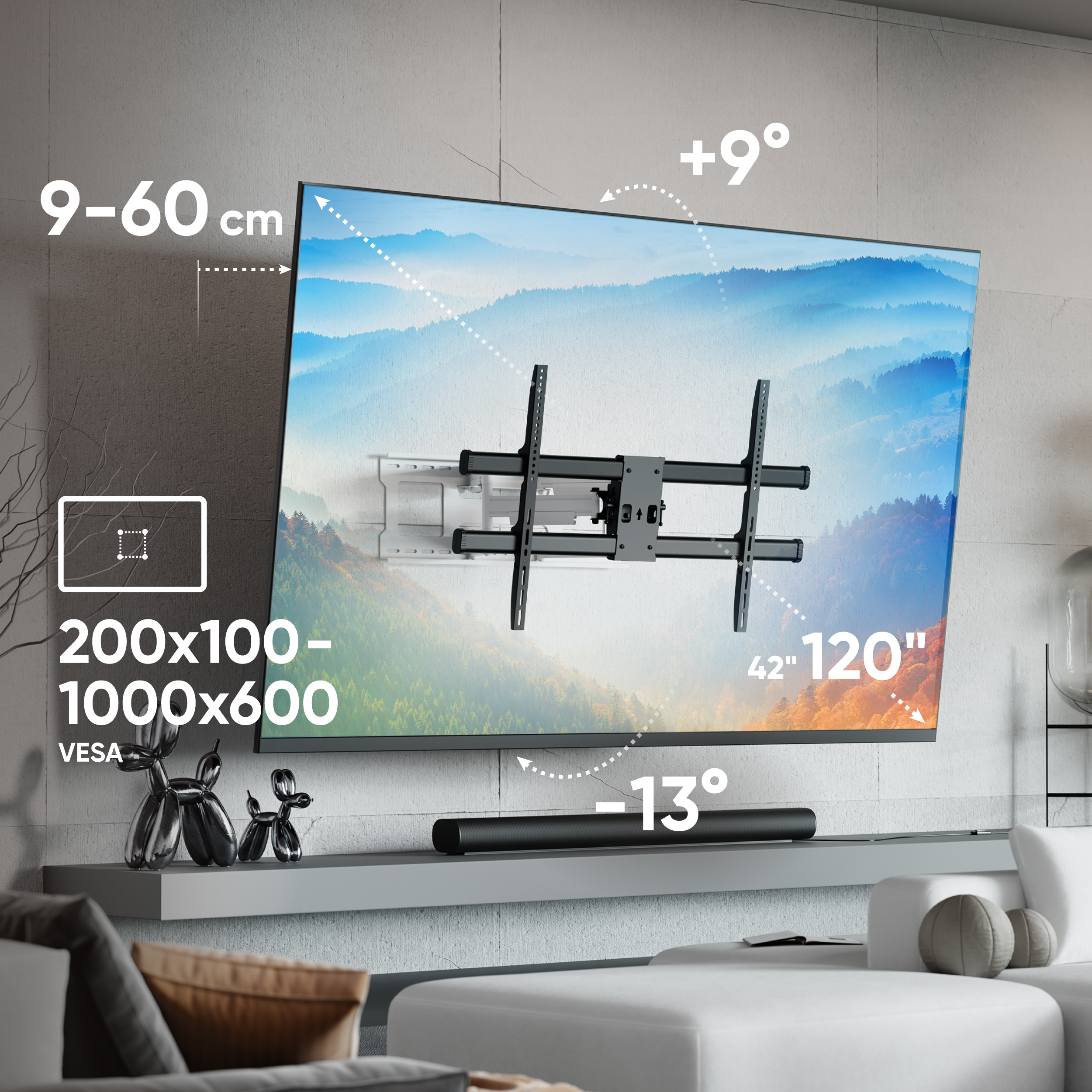 Ein an der Wand montierter Fernseher mit Maßen und Winkeln. Eine Soundbar und dekorative Objekte befinden sich unter dem Fernseher.