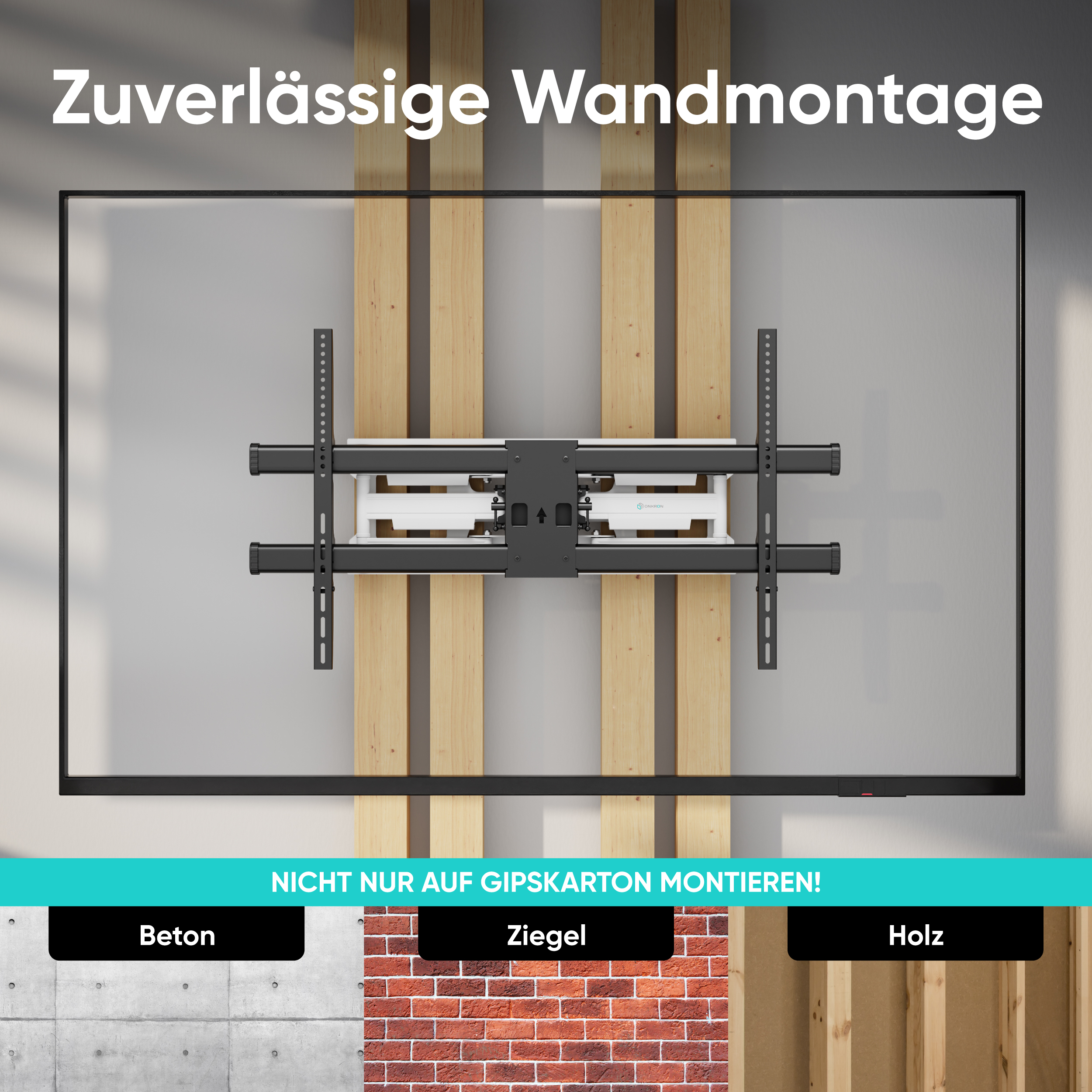 Eine TV-Wandhalterung ist an der Wand befestigt. Der Hintergrund zeigt Holz- und Ziegeltypen. Text sagt: "zuverlässige Wandmontage".