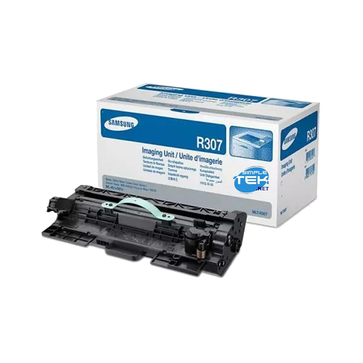 Unità di imaging Samsung R307 con una cartuccia nera davanti alla sua scatola etichettata.