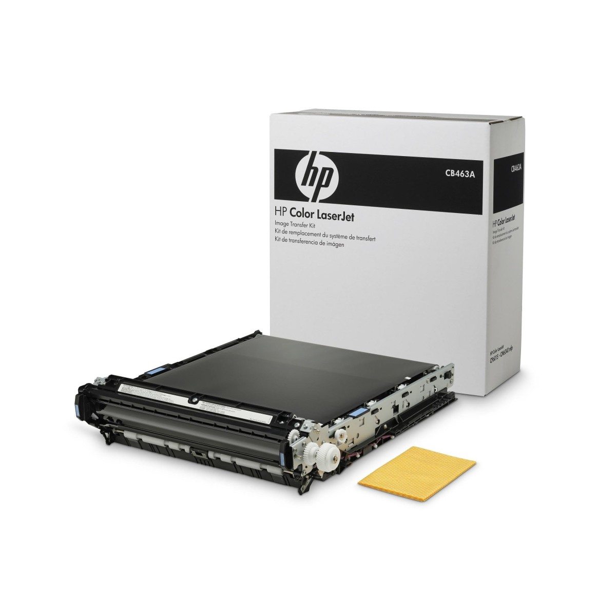 Un kit di trasferimento immagini HP Color LaserJet, una scatola con logo HP e dettagli del prodotto, l'unità e un panno giallo.