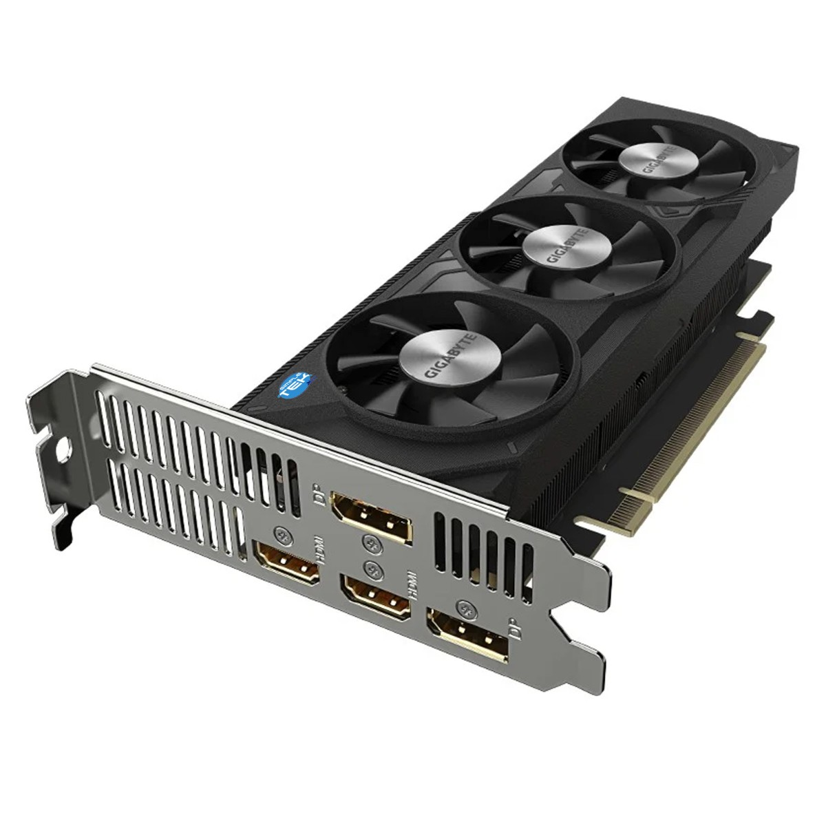 Eine schwarze und silberne Gigabyte-Grafikkarte mit drei Lüftern. Sie hat mehrere Anschlüsse und eine Metallhalterung.