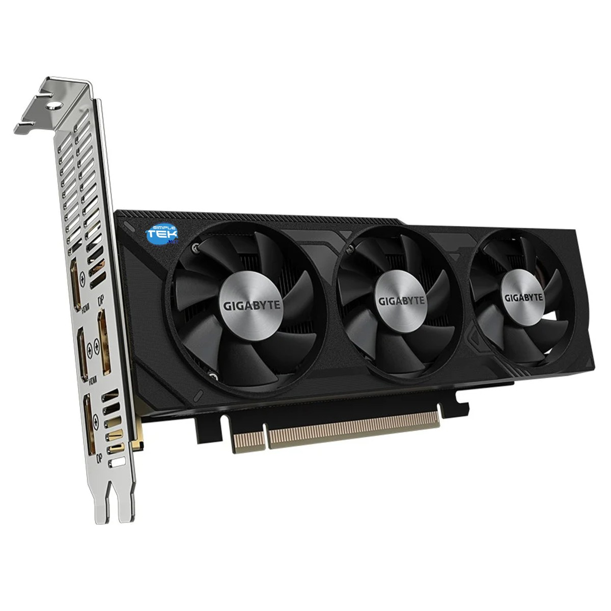Eine Gigabyte-Grafikkarte mit drei Lüftern. Sie hat eine Metallhalterung mit Anschlüssen. Die Lüfter sind schwarz mit silbernen Zentren.