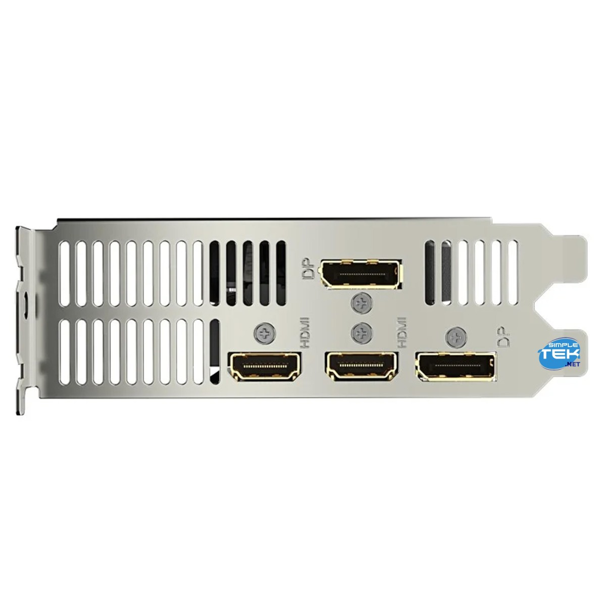 Nahaufnahme der Rückseite einer silbernen Grafikkarte. Sie hat mehrere Anschlüsse: HDMI und DisplayPort. Die Karte hat ein Simple Tek-Logo.