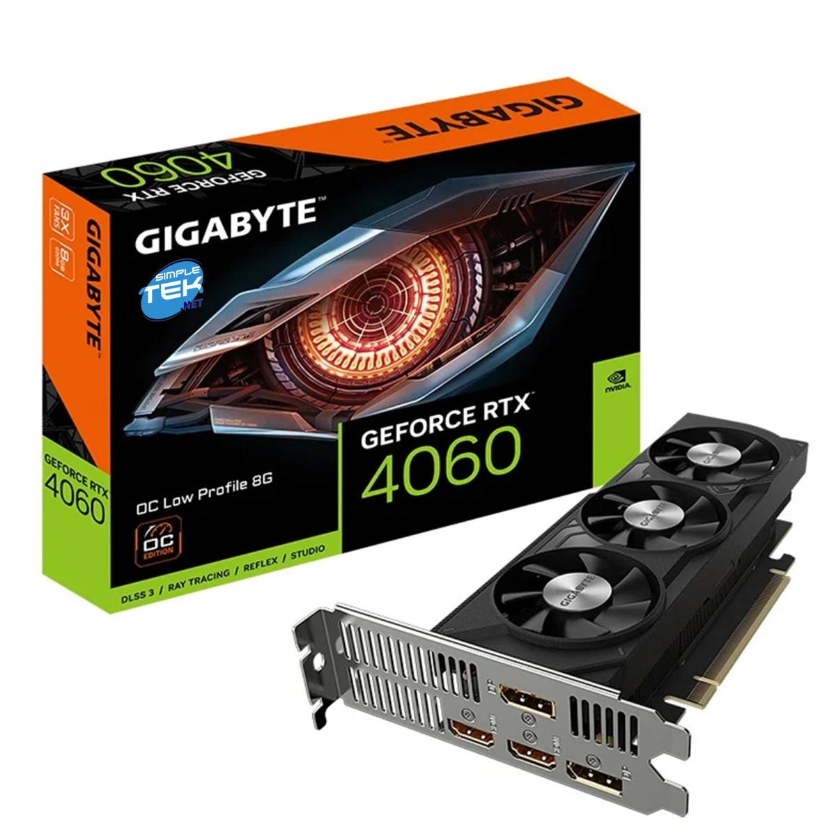 Eine Gigabyte GeForce RTX 4060 Grafikkarte mit ihrer Box. Die Karte hat drei Lüfter und mehrere Anschlüsse. Auf der Box steht der Name der Karte.