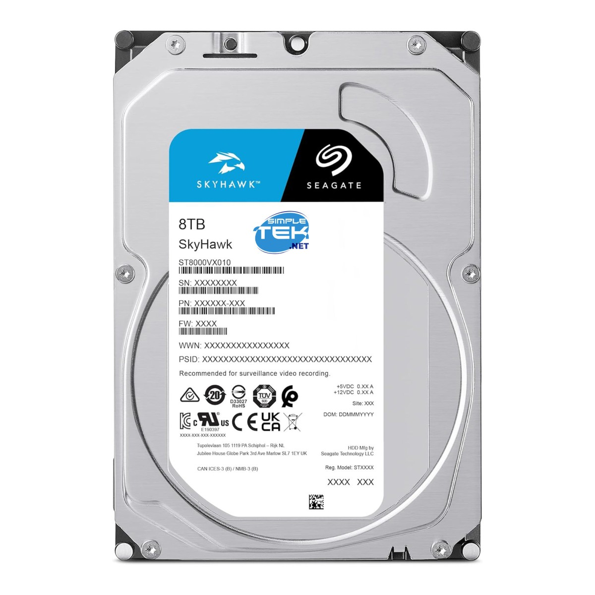 Dysk twardy Seagate SkyHawk 8TB. Ma niebiesko-czarną etykietę z tekstem i logo.