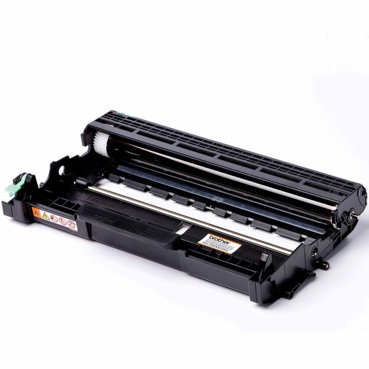 Eine schwarze Brother DR-2200 Trommeleinheit. Die Trommel ist geöffnet und gibt Einblick in die inneren Komponenten.