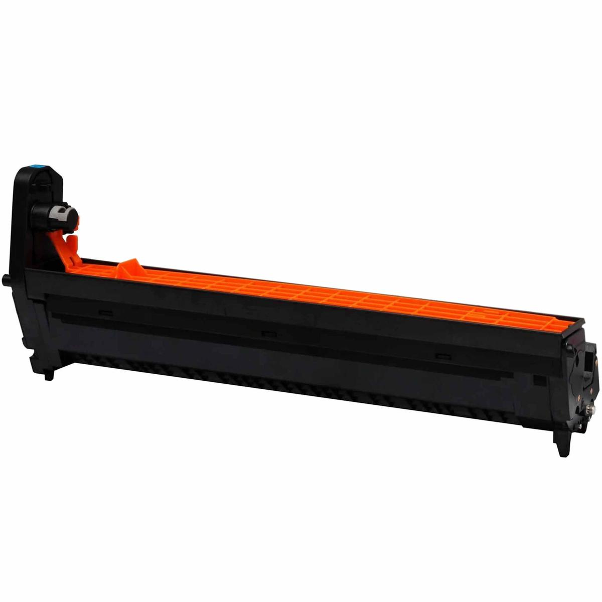 Una cartuccia toner per stampante nera e arancione. La cartuccia è rettangolare con griglie arancioni sopra e un corpo nero.