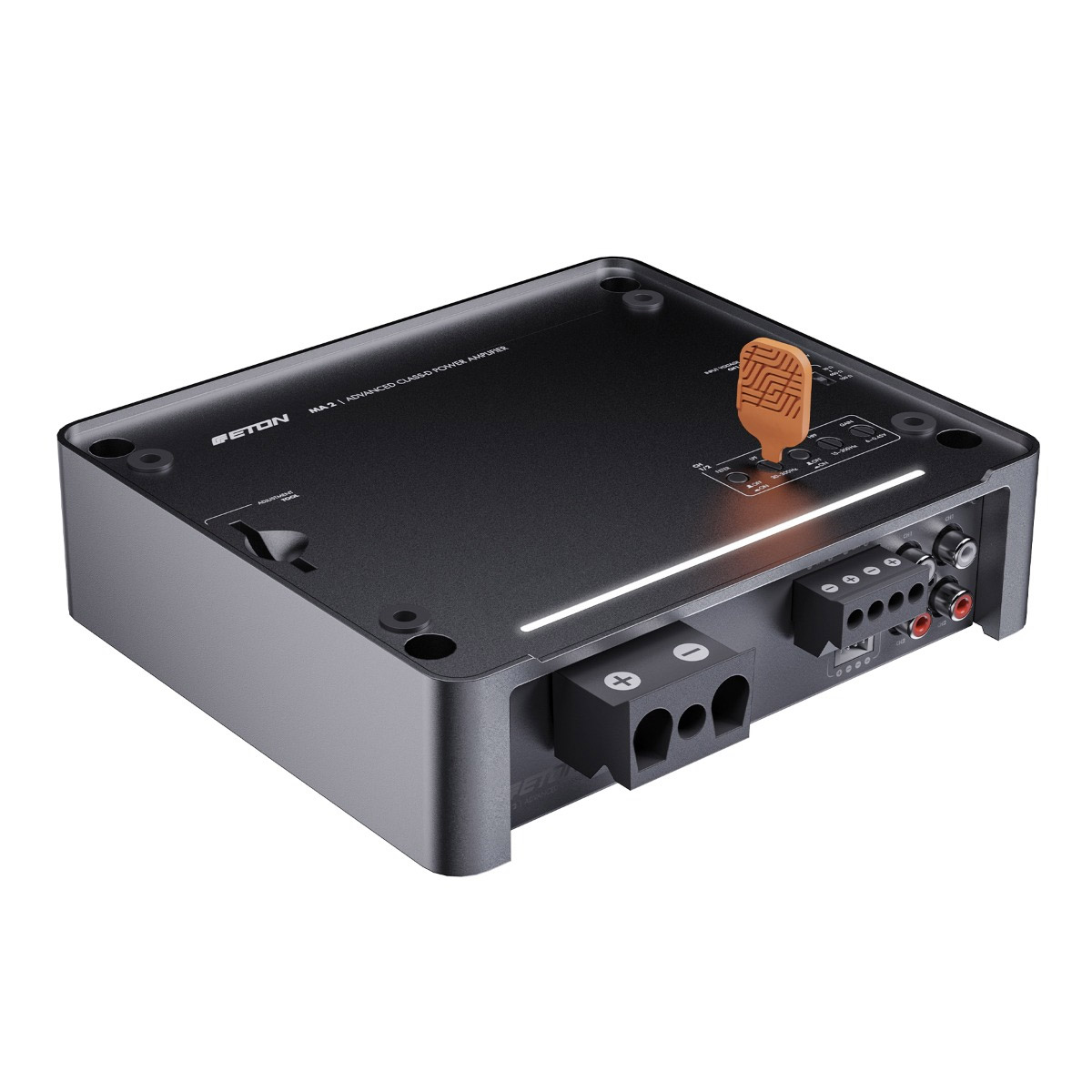 Ein schwarzer Auto-Audioverstärker mit orangefarbenem Einstellknopf. Er hat verschiedene Anschlüsse und Stecker an der Seite. Der Markenname ist sichtbar.