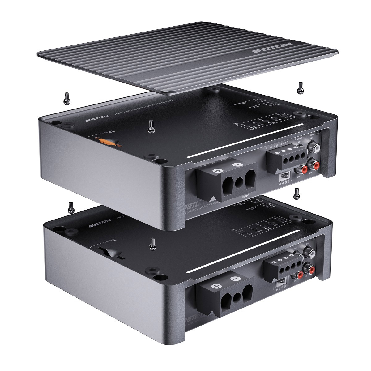 Explosionszeichnung von zwei grauen Auto-Verstärkern mit Deckel und Schrauben. Komponenten sind beschriftet, Drähte sind angeschlossen.