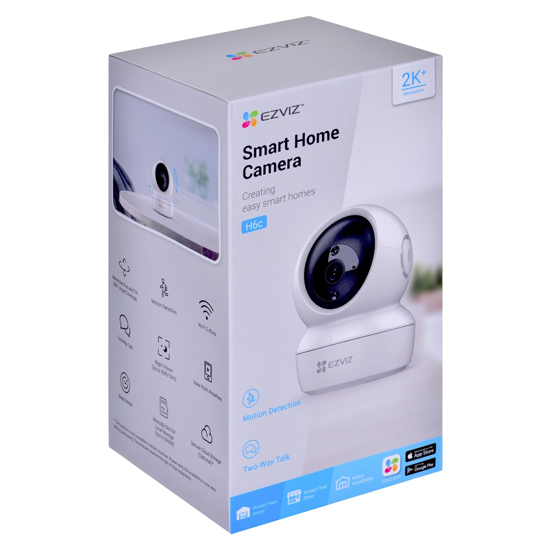 Białe pudełko kamery Smart Home EZVIZ. Funkcje obejmują wykrywanie ruchu, widzenie w nocy i rozmowę dwukierunkową. Pudełko ma rozdzielczość 2K+.