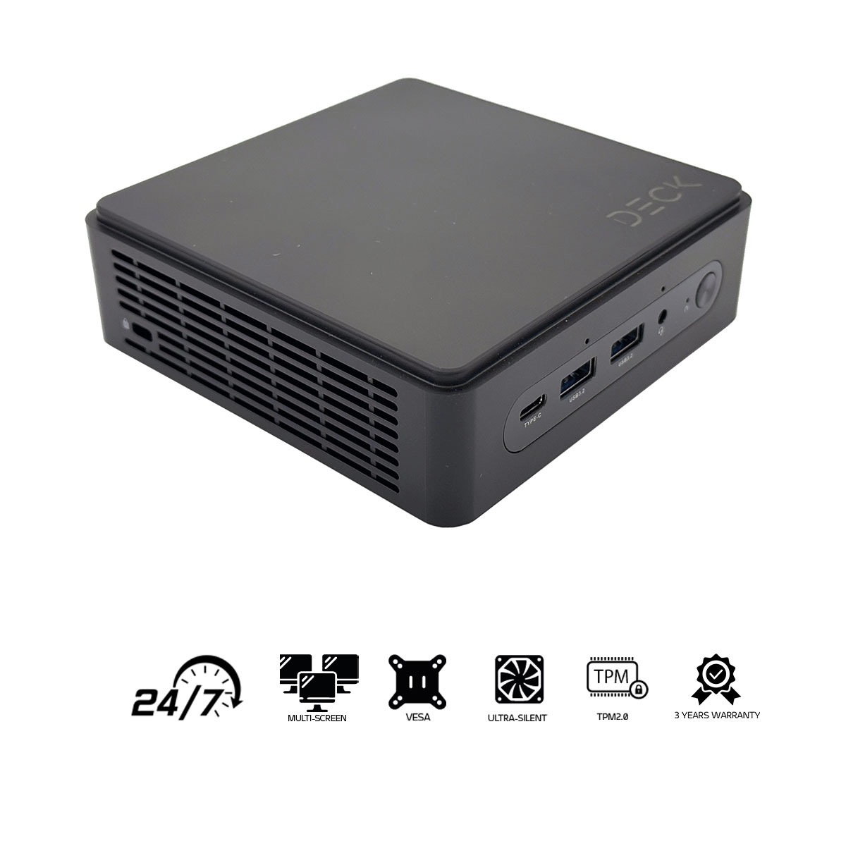 Czarny mini PC z portami, etykietami i marką 'DECK'. Ikony u dołu pokazują funkcje i informacje o gwarancji.