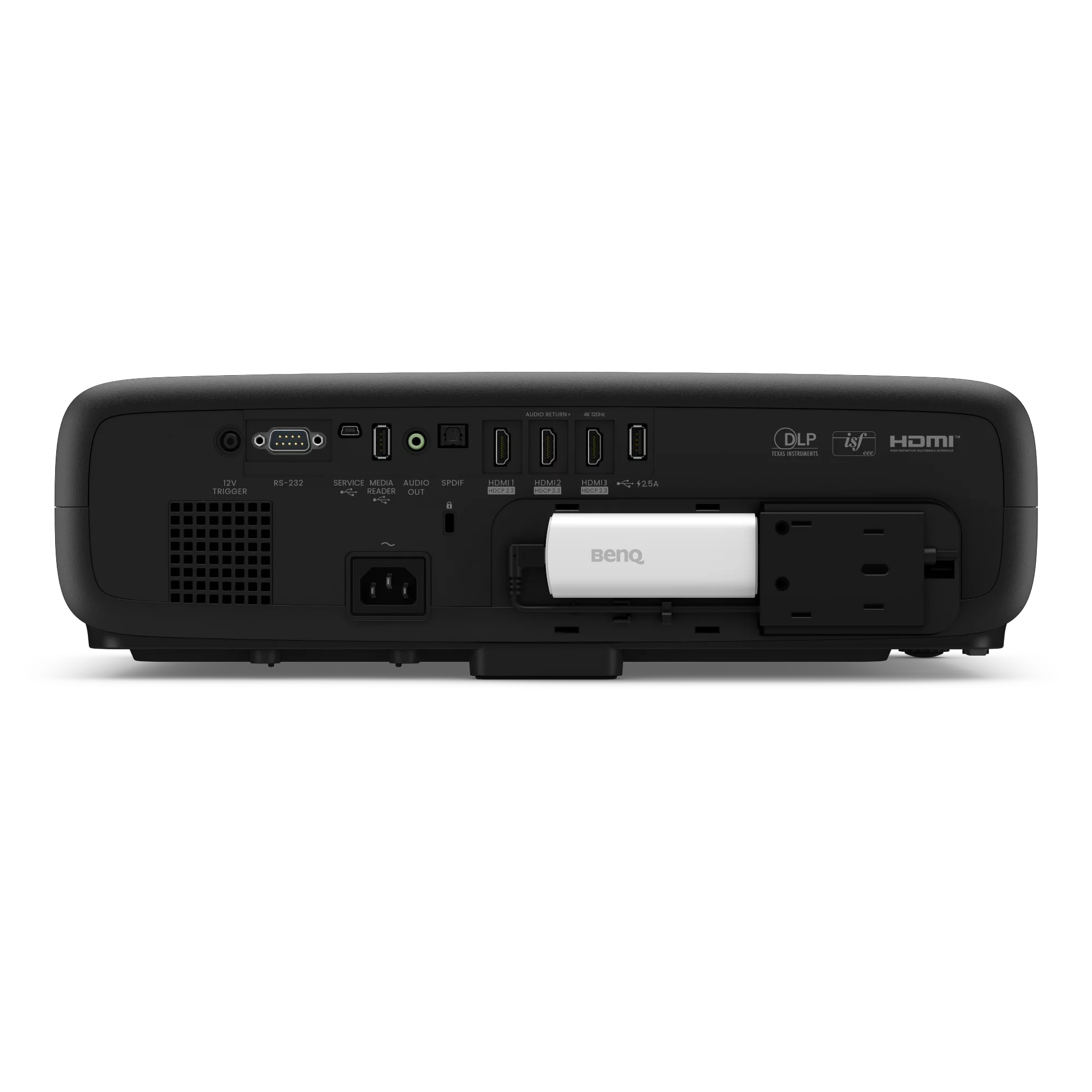 Czarny tył projektora z wieloma portami, w tym HDMI, zasilaniem i RS-232, oraz biały element marki BenQ.