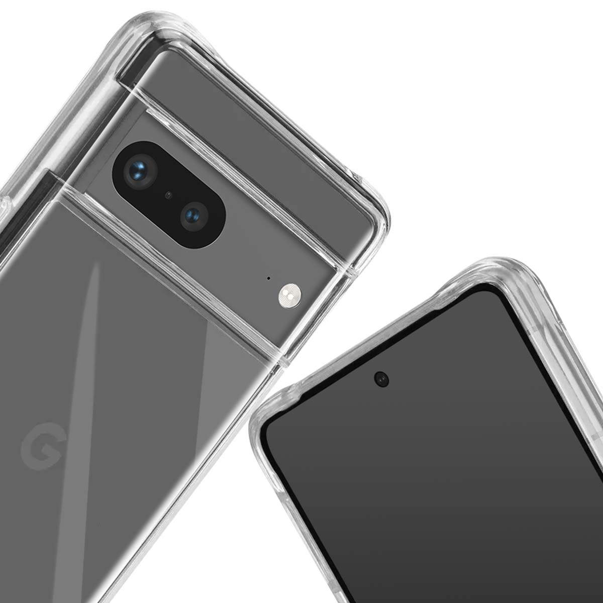 Due custodie trasparenti per telefoni. Una mostra il retro con le lenti della fotocamera, l'altra uno schermo nero. Entrambe su sfondo bianco.