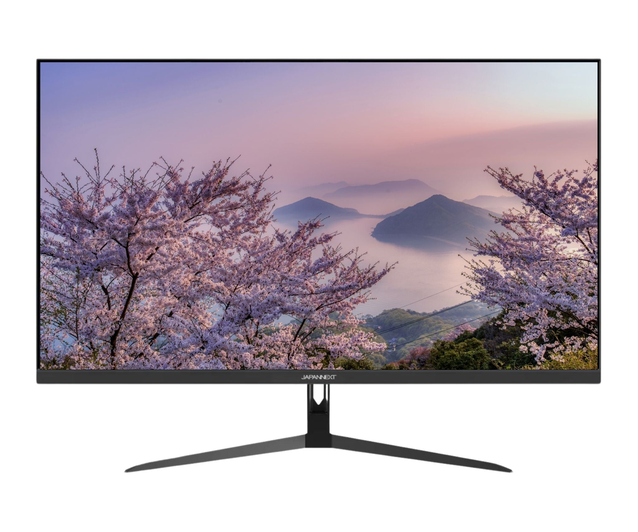 Monitor zeigt eine Landschaft mit Kirschblüten, Bergen und Wasser unter einem farbenfrohen Himmel. Monitor hat einen Ständer.