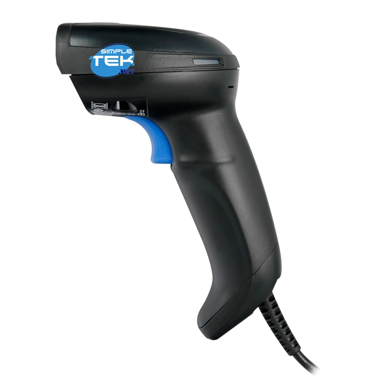 Uno scanner di codici a barre nero con grilletto blu e il logo 'Simple Tek Net' su sfondo bianco.