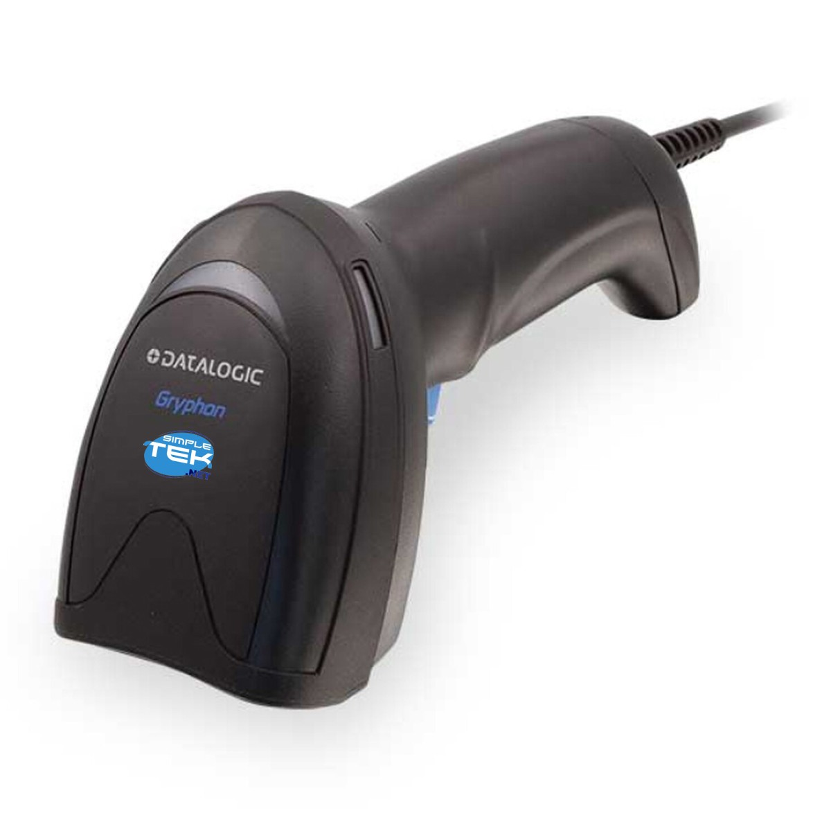Uno scanner di codici a barre Datalogic Gryphon nero è appoggiato su una superficie bianca. Ha un grilletto e un cavo. Il marchio è visibile.