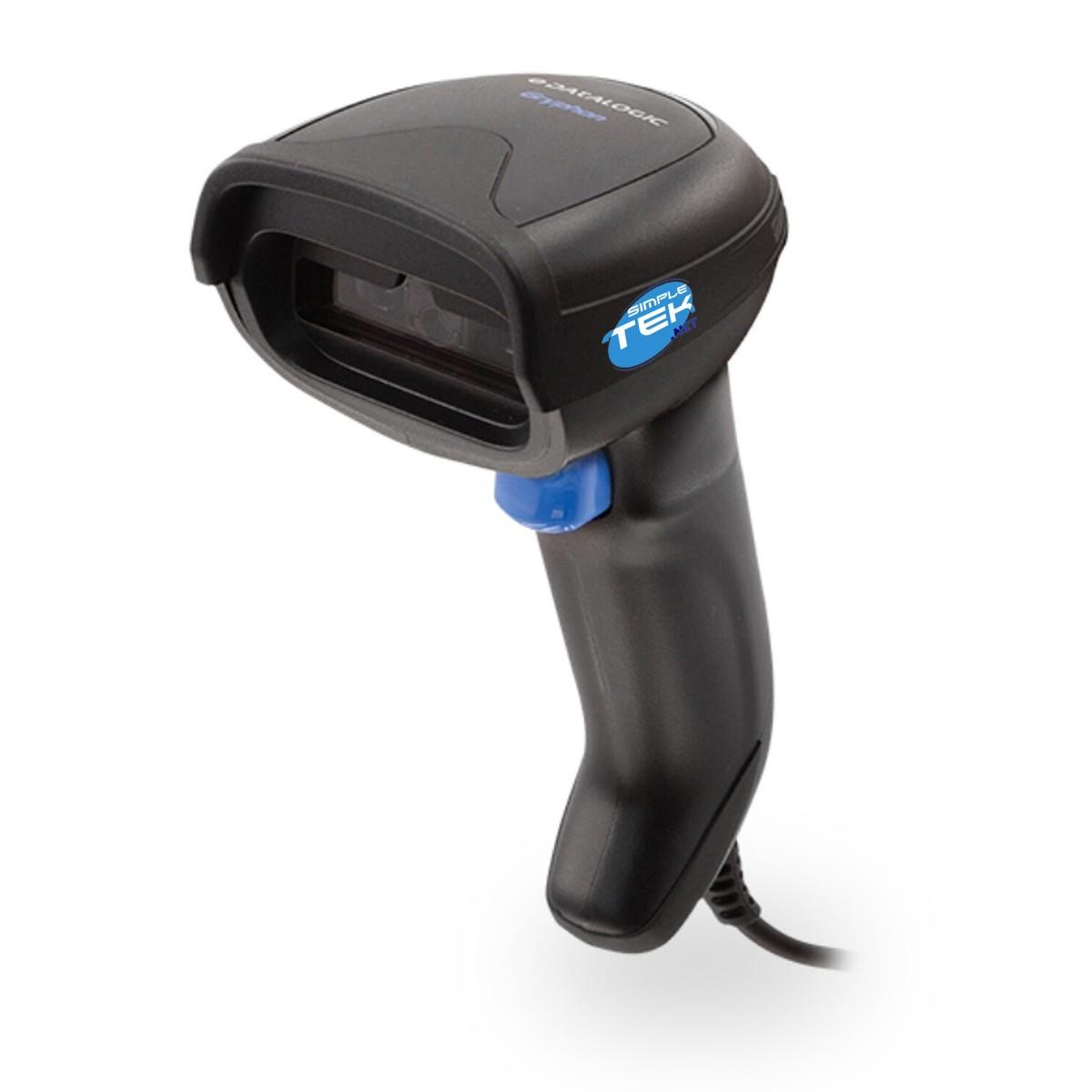 Uno scanner di codici a barre portatile nero con un pulsante blu. Ha un design curvo ed è su sfondo bianco.