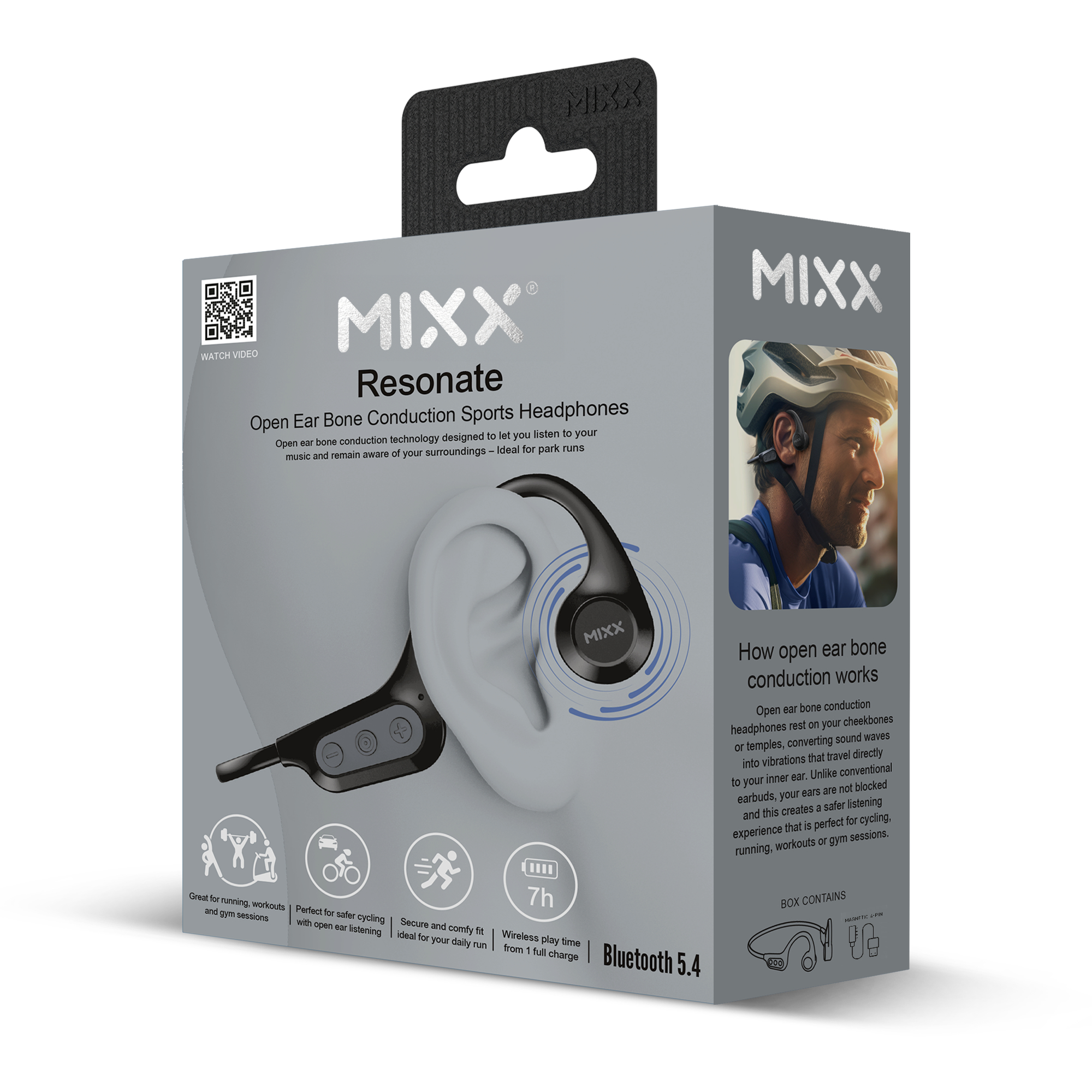 Box zeigt MIX Resonate Kopfhörer. Merkmale sind Knochenleitung, 7h Spielzeit und Bluetooth 5.4. Auf der Box ist ein Radfahrer abgebildet.
