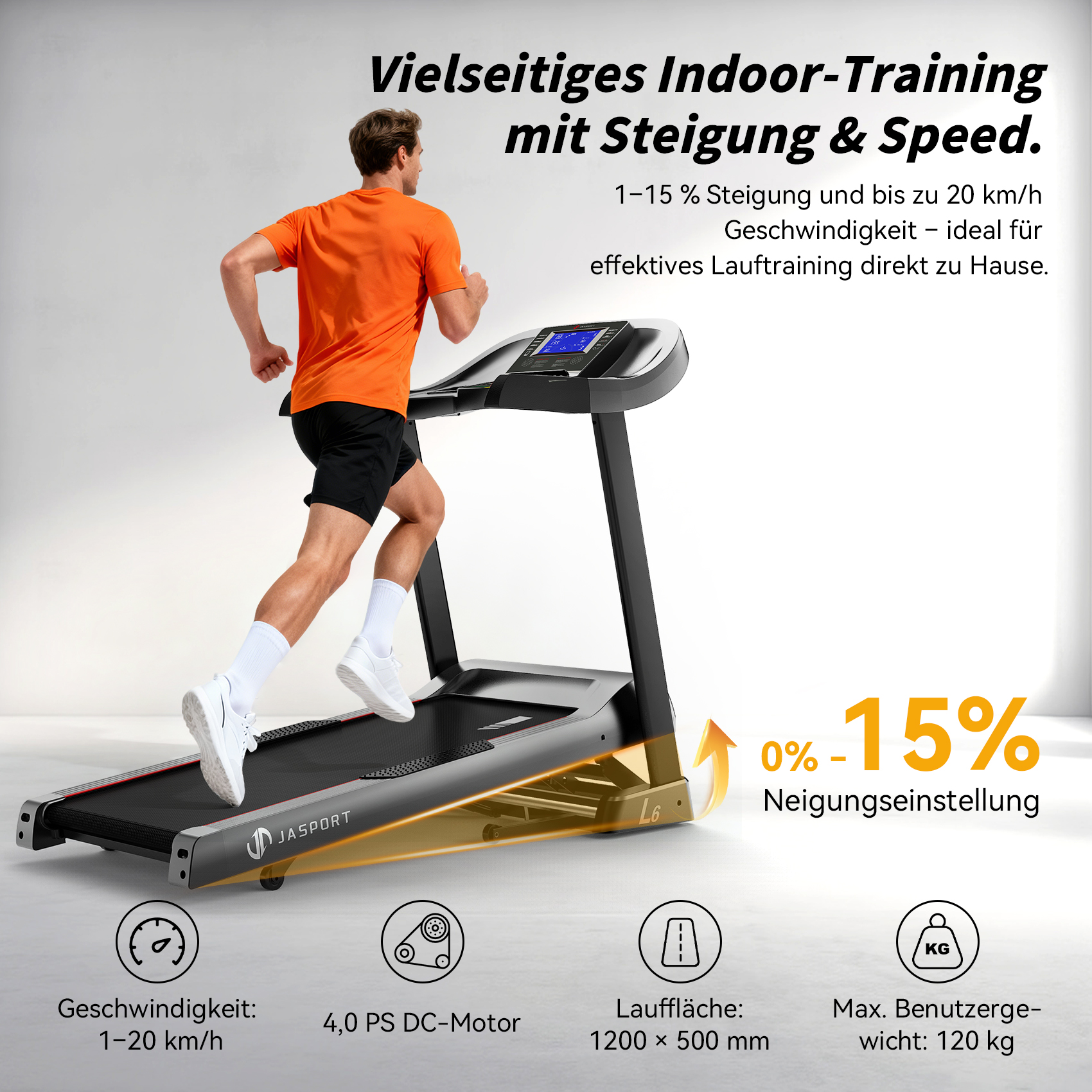 Un hombre con camisa naranja corre en una cinta de correr. La máquina muestra la velocidad y la inclinación. El texto dice: entrenamiento interior.